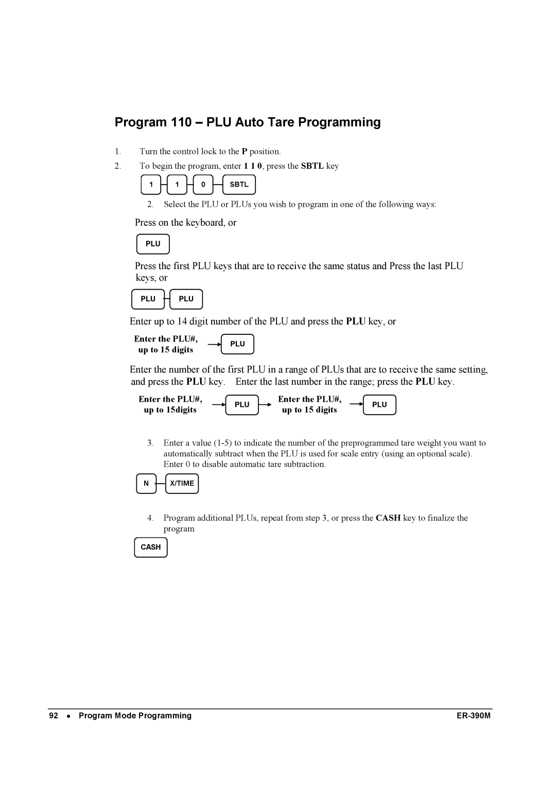 Sam4s ER-390M manual Program 110 PLU Auto Tare Programming, Up to 15digits Up to 15 digits 