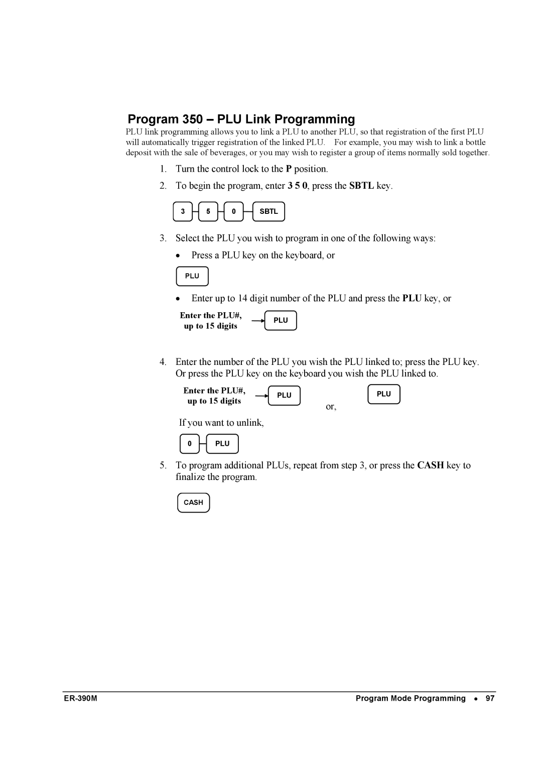 Sam4s ER-390M manual Program 350 PLU Link Programming 