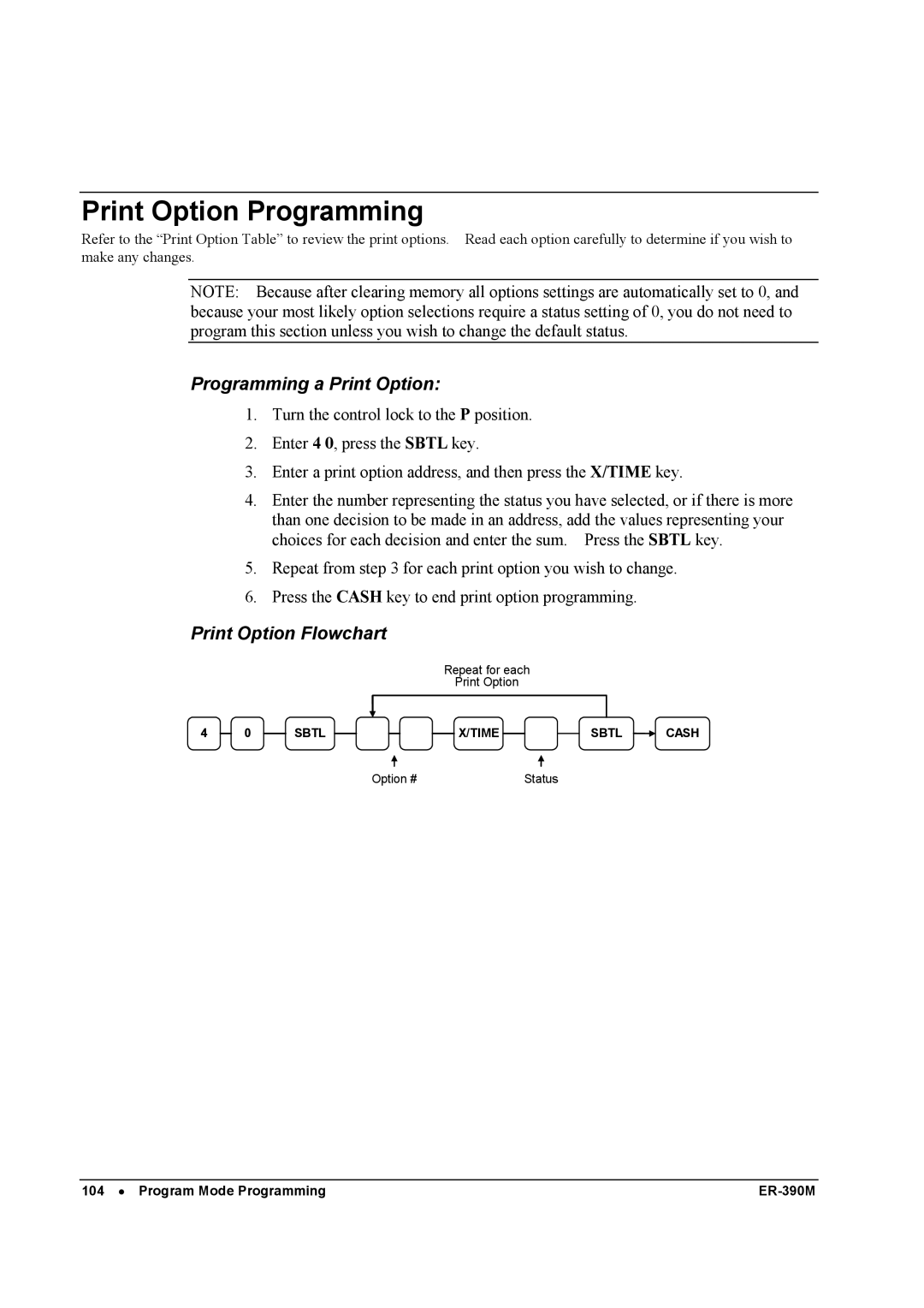 Sam4s ER-390M manual Print Option Programming, Programming a Print Option, Print Option Flowchart 