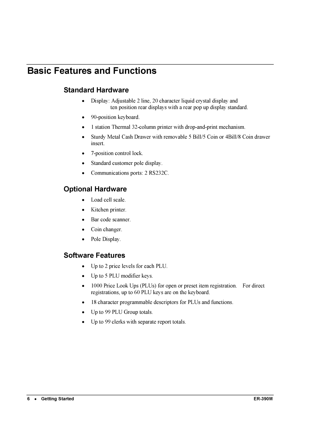 Sam4s ER-390M manual Basic Features and Functions, Standard Hardware, Optional Hardware, Software Features 