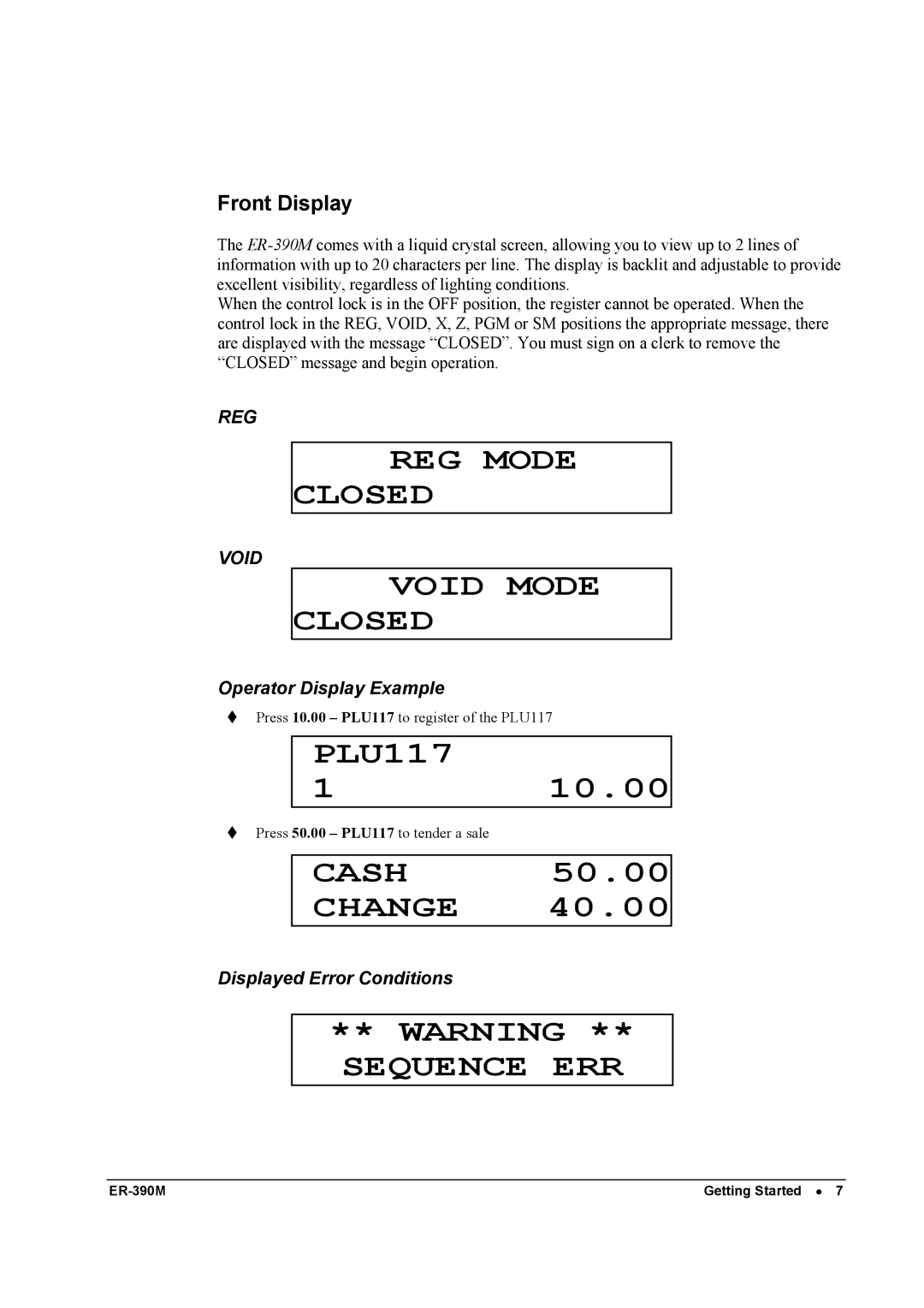 Sam4s ER-390M manual Front Display, Operator Display Example, Displayed Error Conditions 