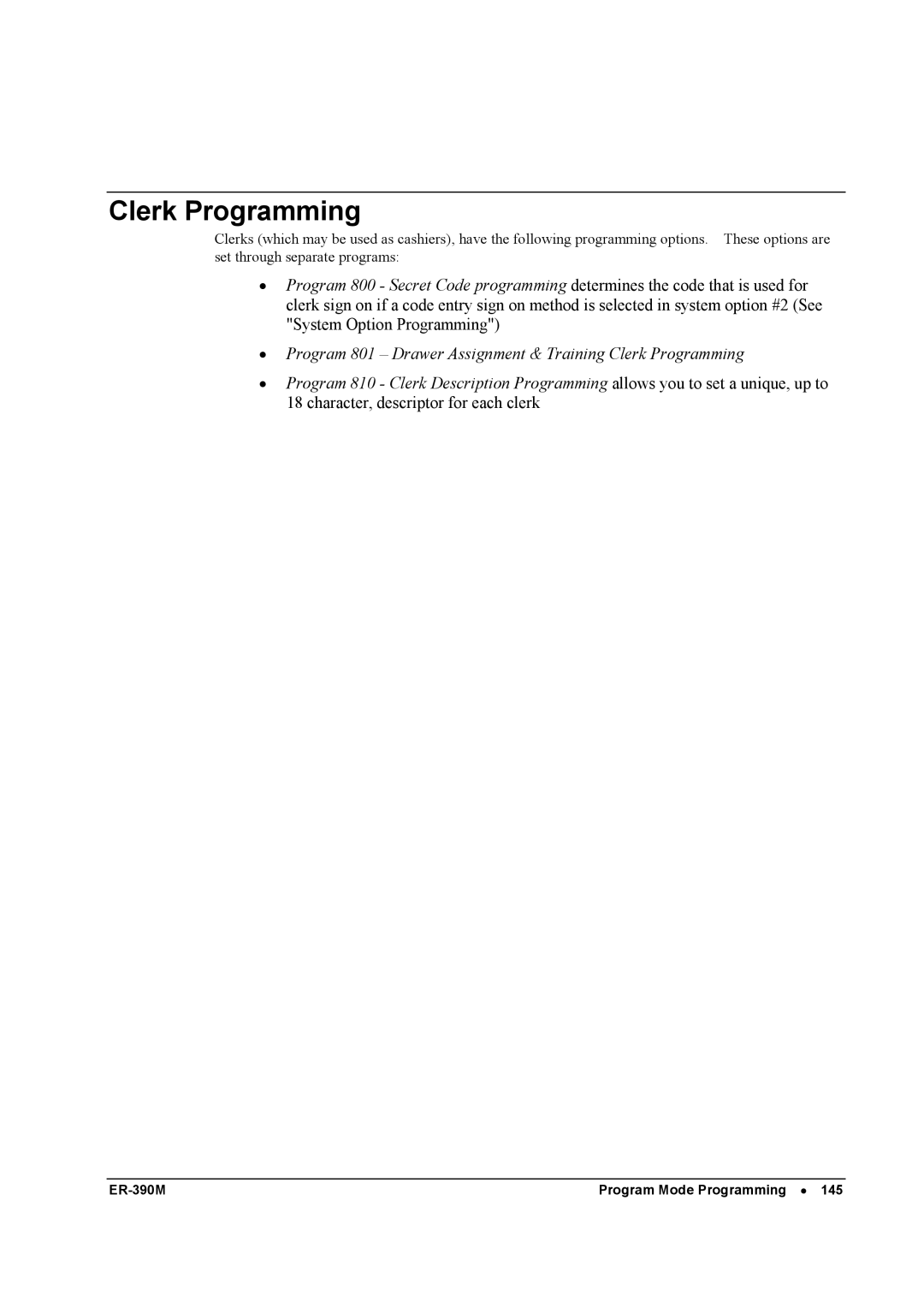 Sam4s ER-390M manual Clerk Programming 