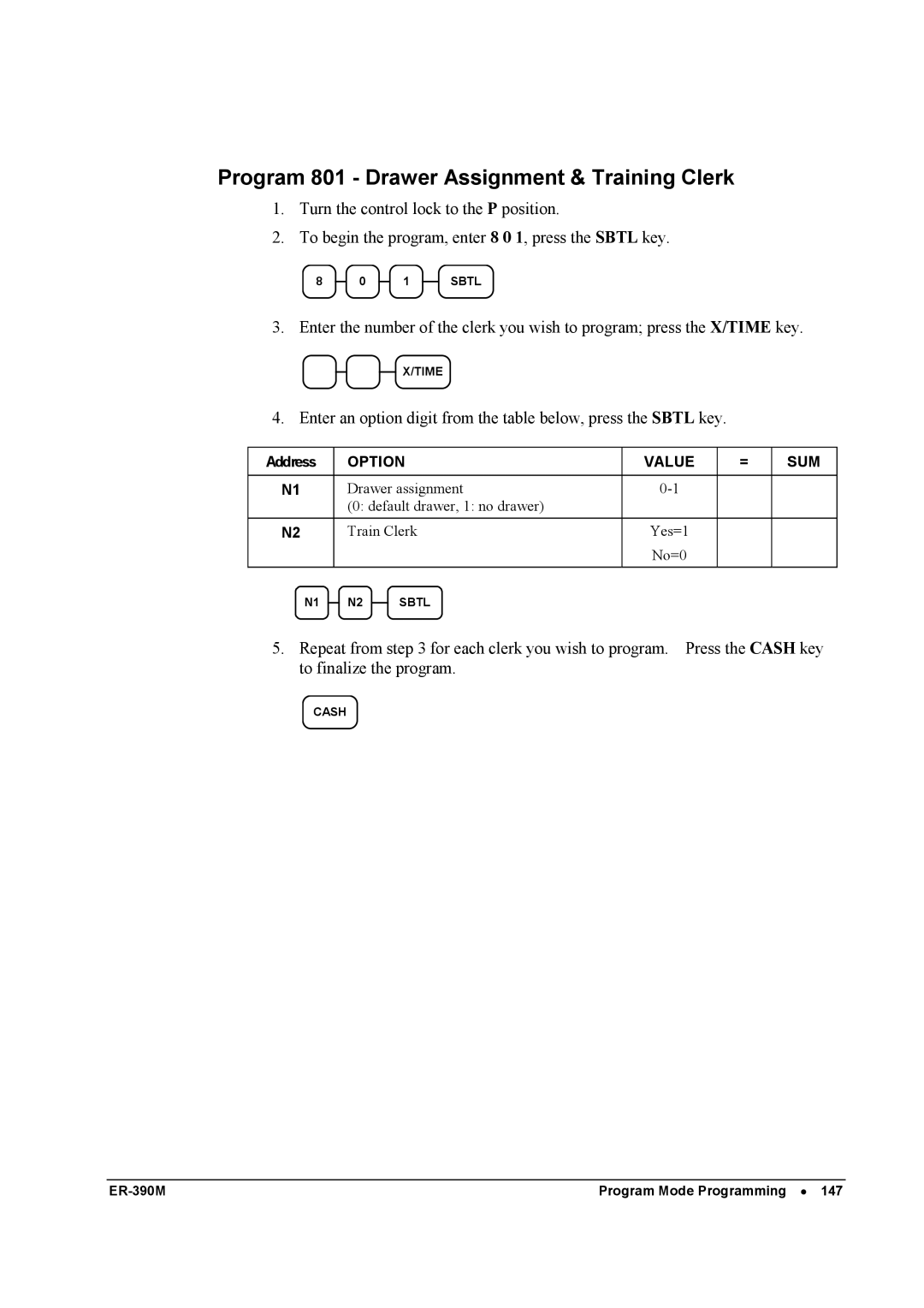 Sam4s ER-390M manual Program 801 Drawer Assignment & Training Clerk 