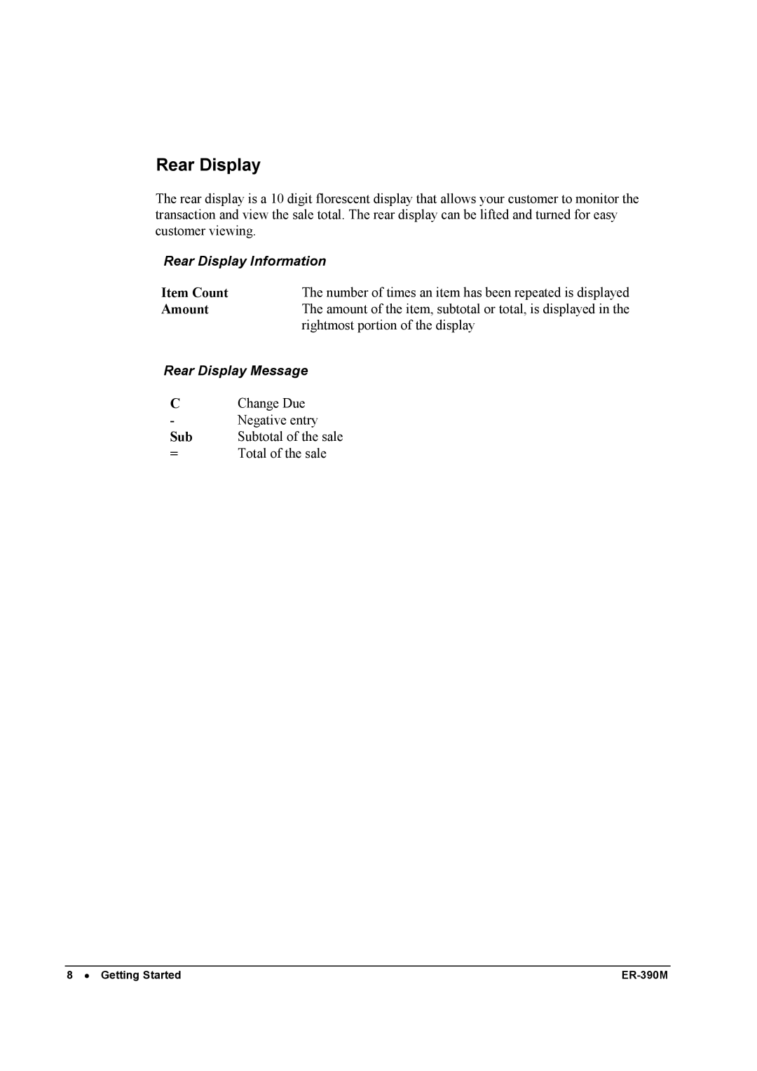 Sam4s ER-390M manual Rear Display Information 