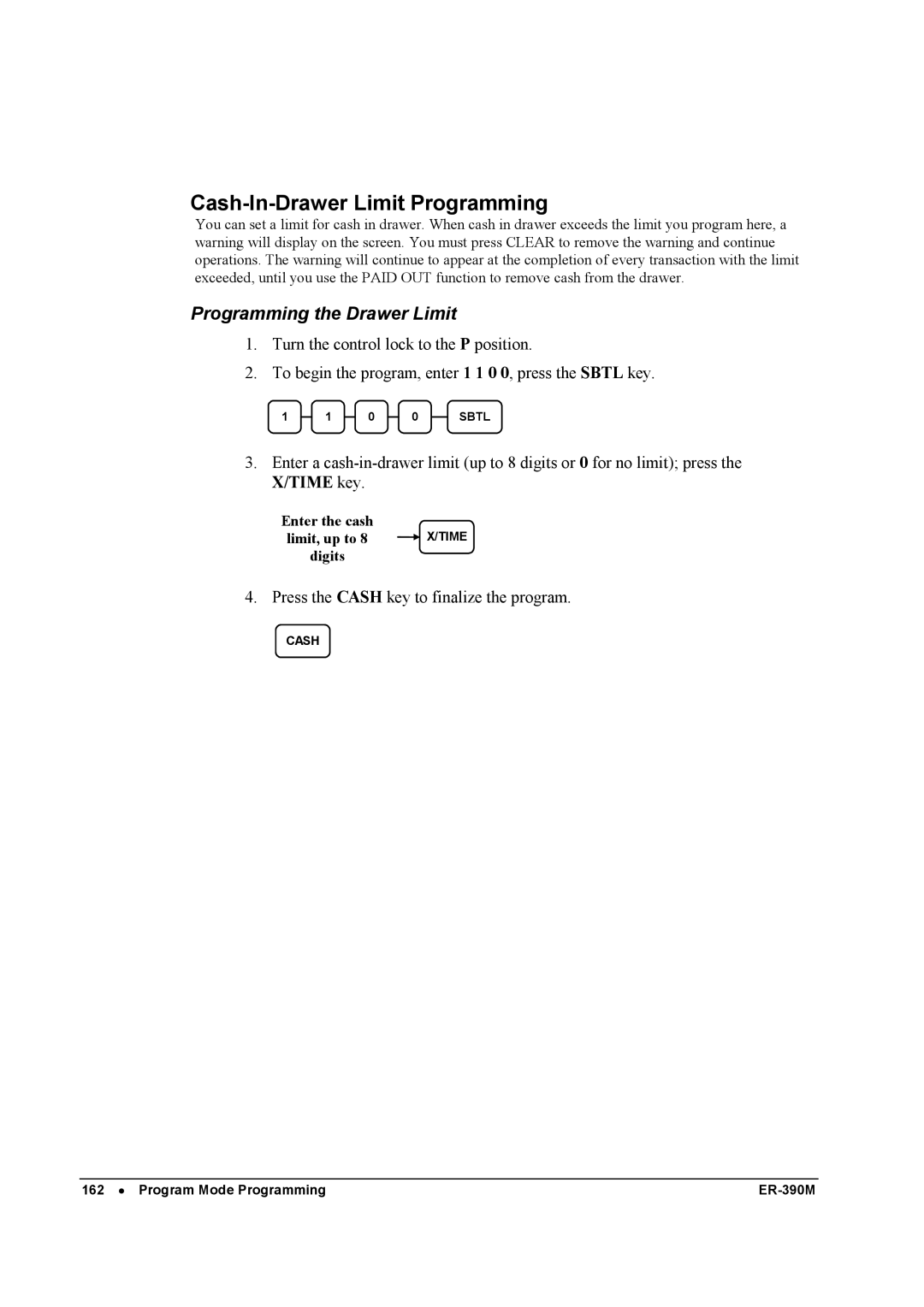 Sam4s ER-390M manual Cash-In-Drawer Limit Programming, Programming the Drawer Limit 