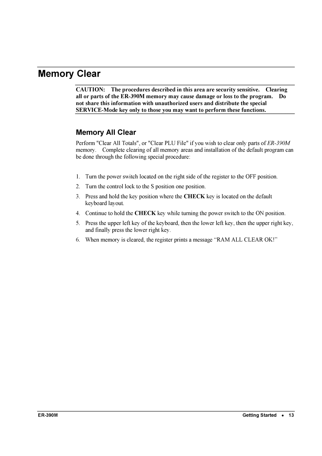 Sam4s ER-390M manual Memory Clear, Memory All Clear 