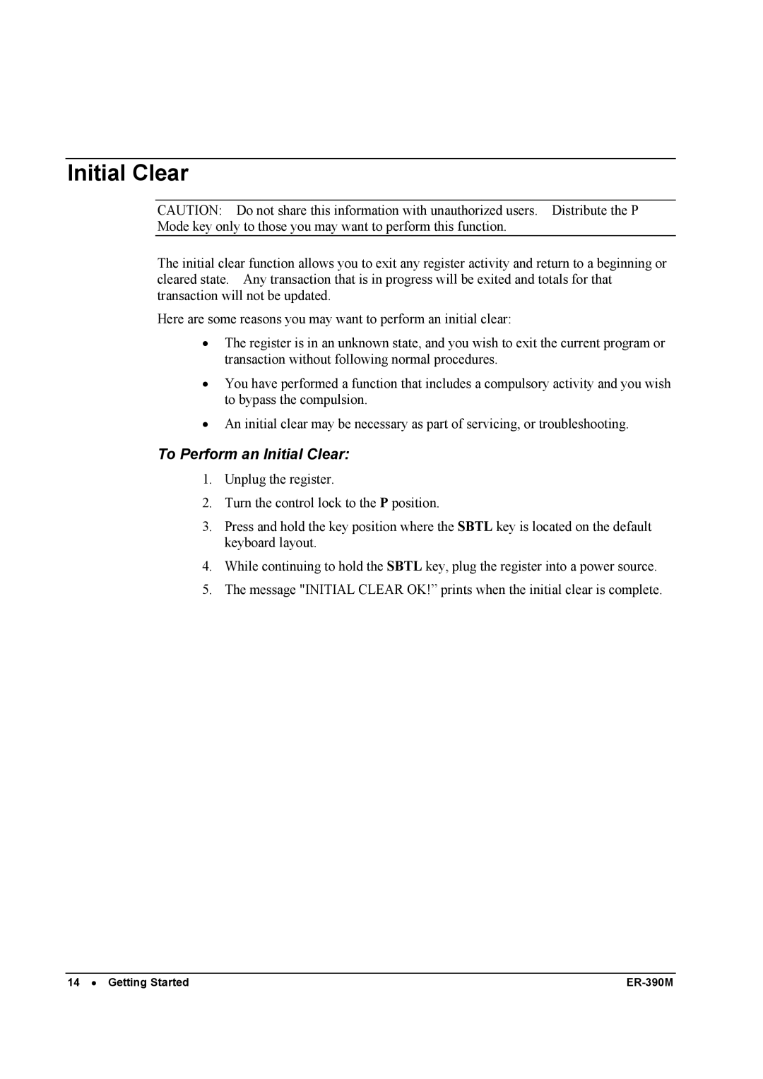 Sam4s ER-390M manual To Perform an Initial Clear 