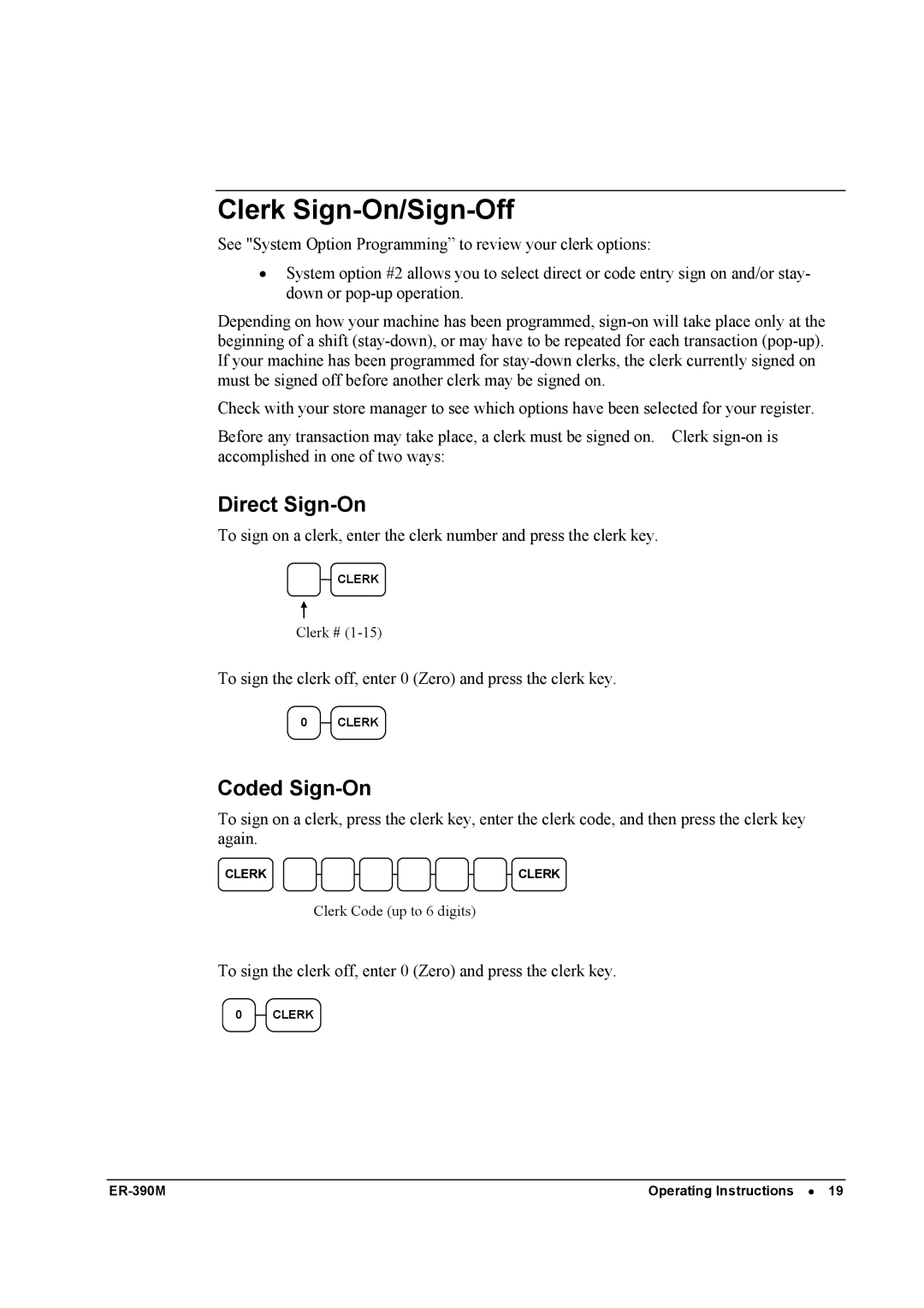 Sam4s ER-390M manual Clerk Sign-On/Sign-Off, Direct Sign-On, Coded Sign-On 