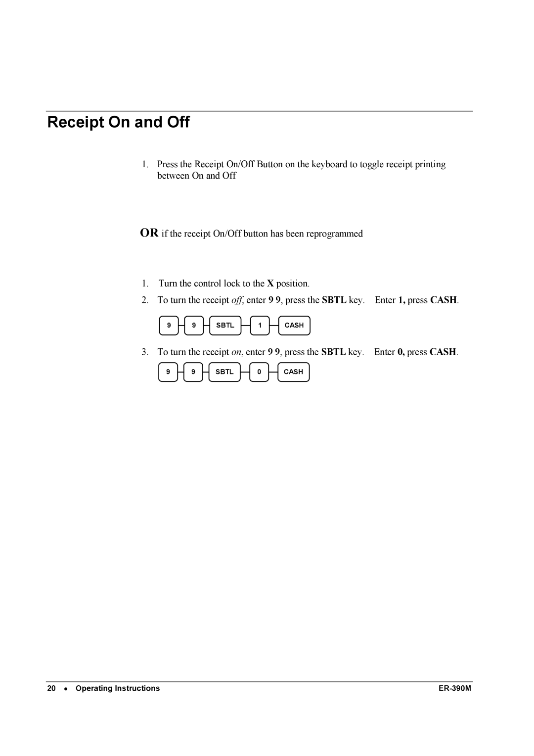 Sam4s ER-390M manual Receipt On and Off 