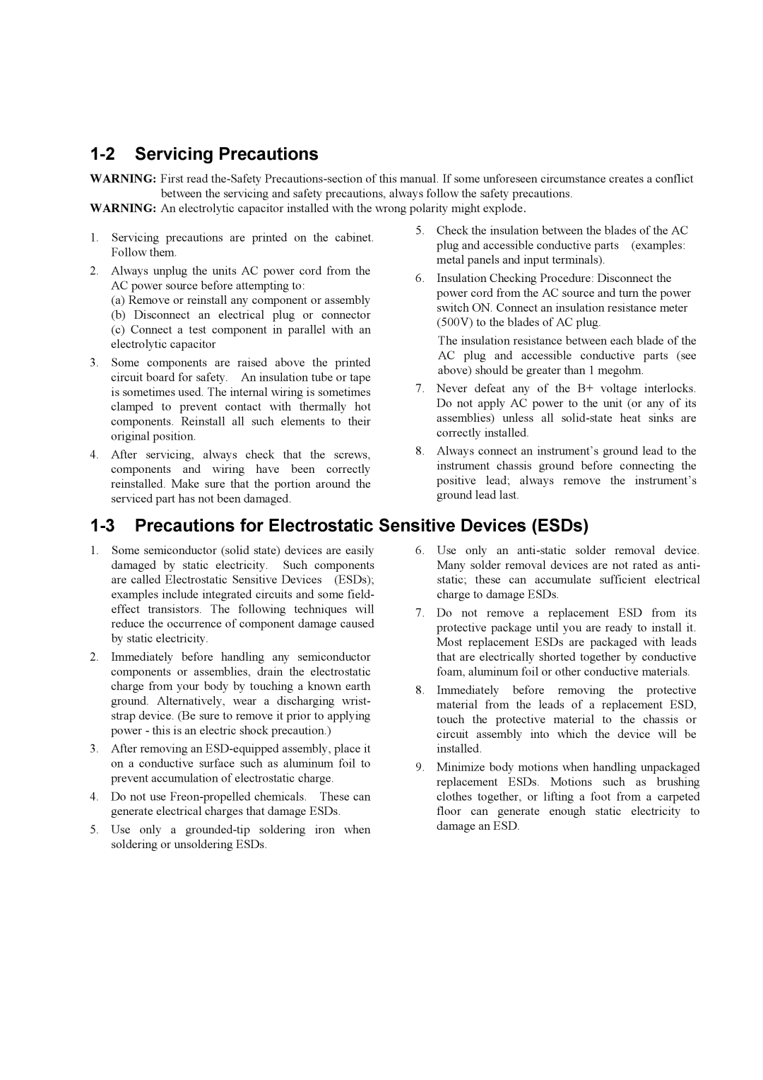 Sam4s ER-390M manual Servicing Precautions, Precautions for Electrostatic Sensitive Devices ESDs 