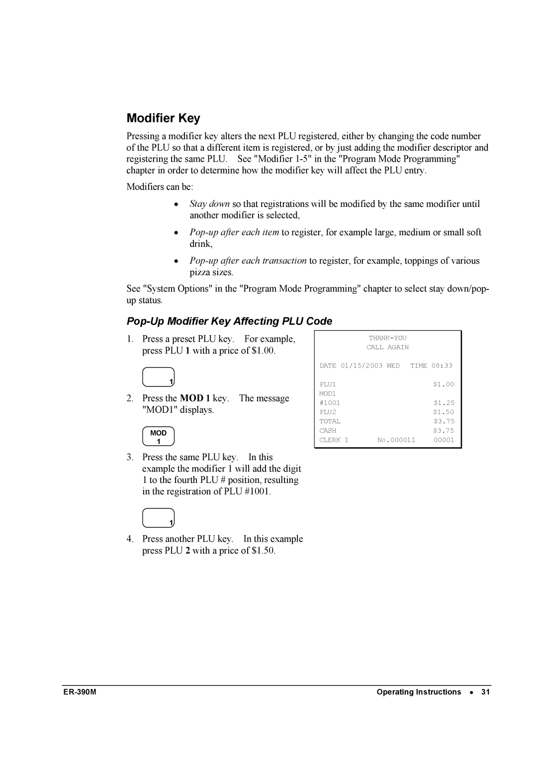 Sam4s ER-390M manual Pop-Up Modifier Key Affecting PLU Code 