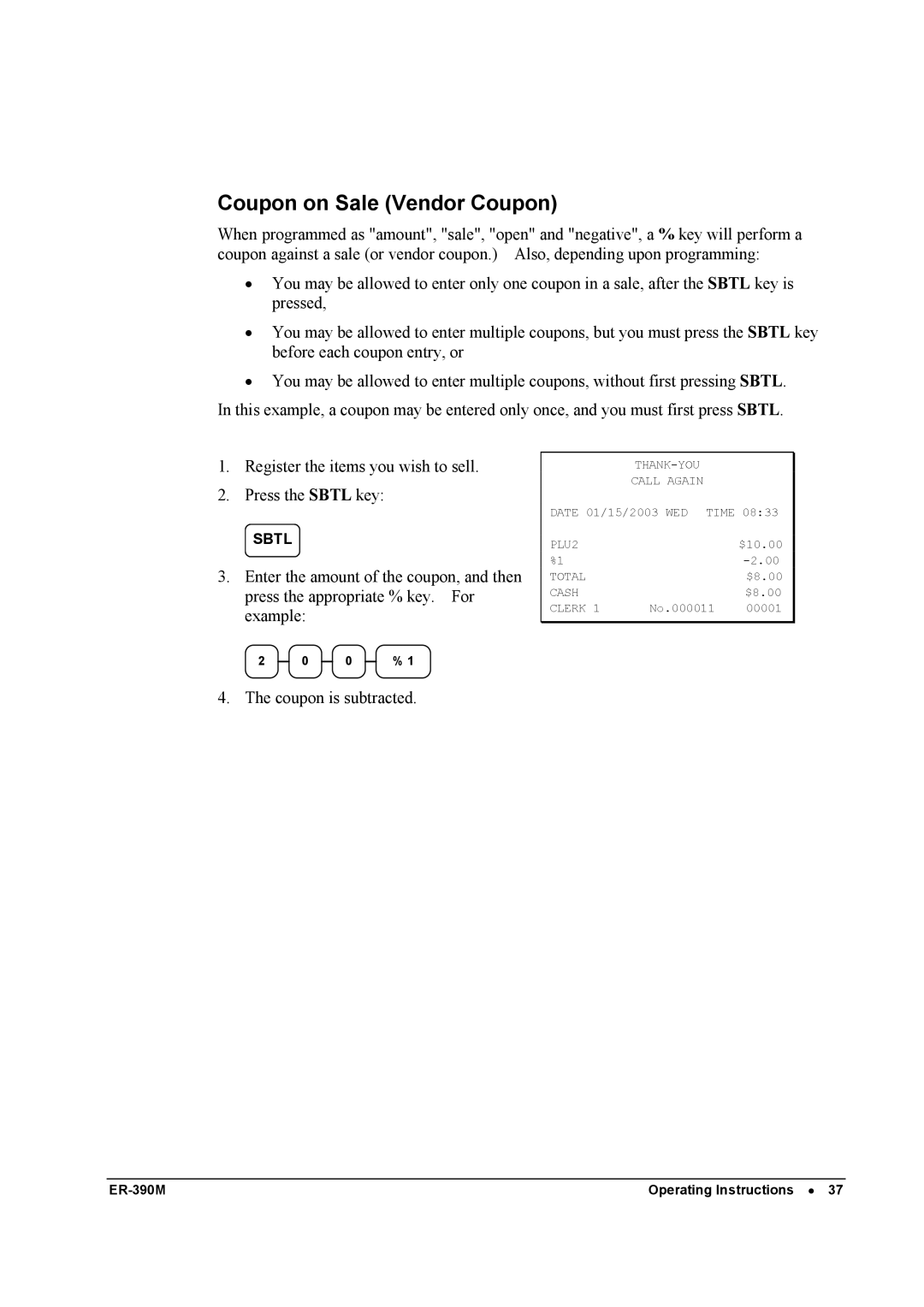 Sam4s ER-390M manual Coupon on Sale Vendor Coupon 