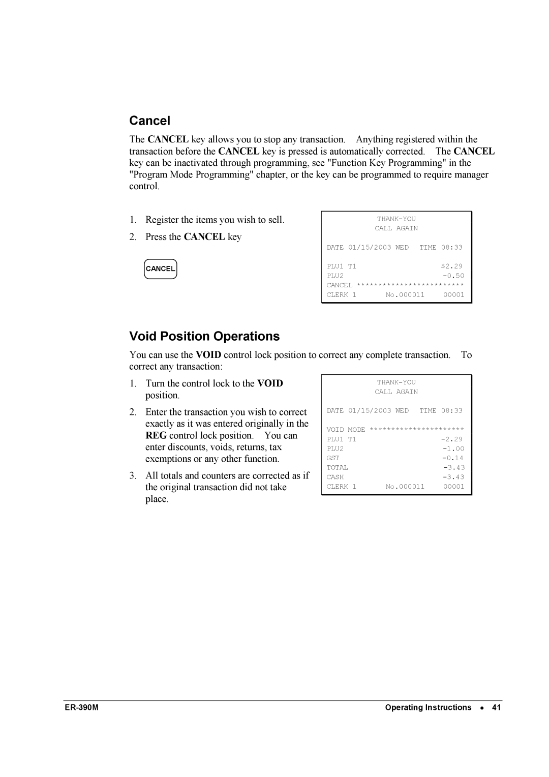 Sam4s ER-390M manual Cancel, Void Position Operations 