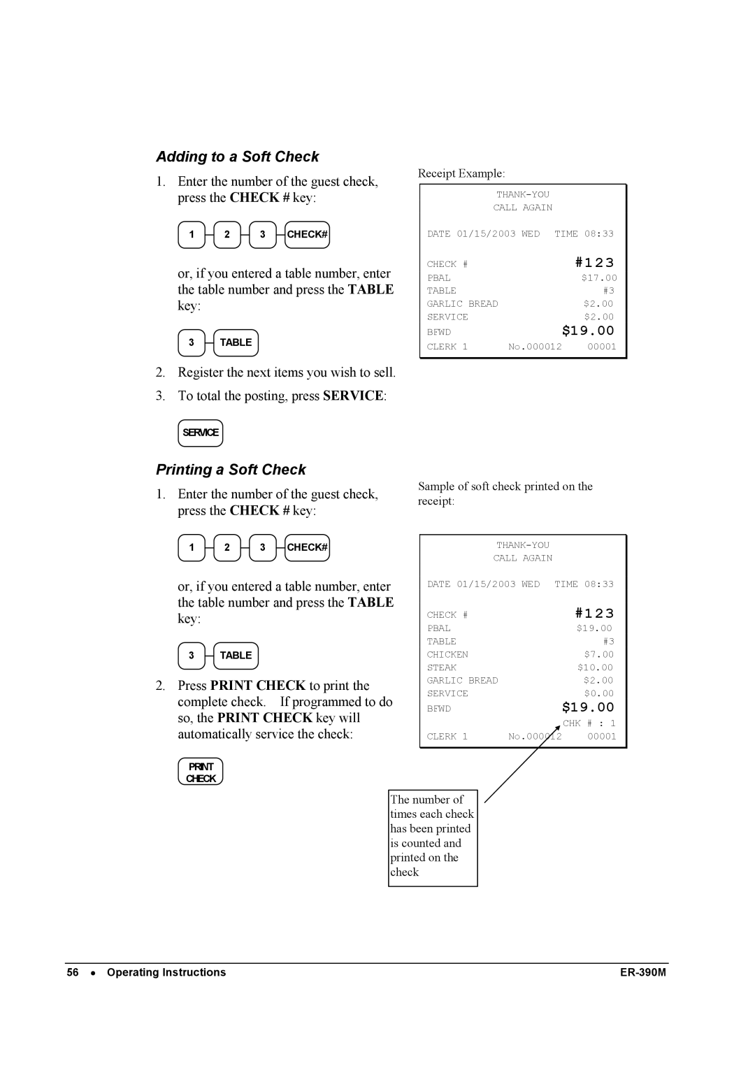 Sam4s ER-390M manual Adding to a Soft Check, Printing a Soft Check 