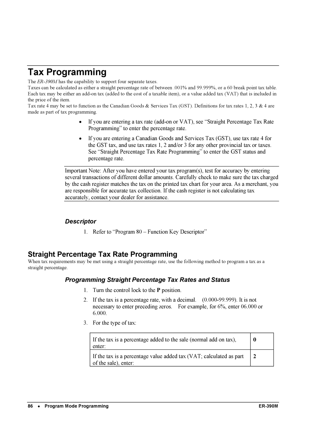 Sam4s ER-390M manual Tax Programming, Straight Percentage Tax Rate Programming, Descriptor 