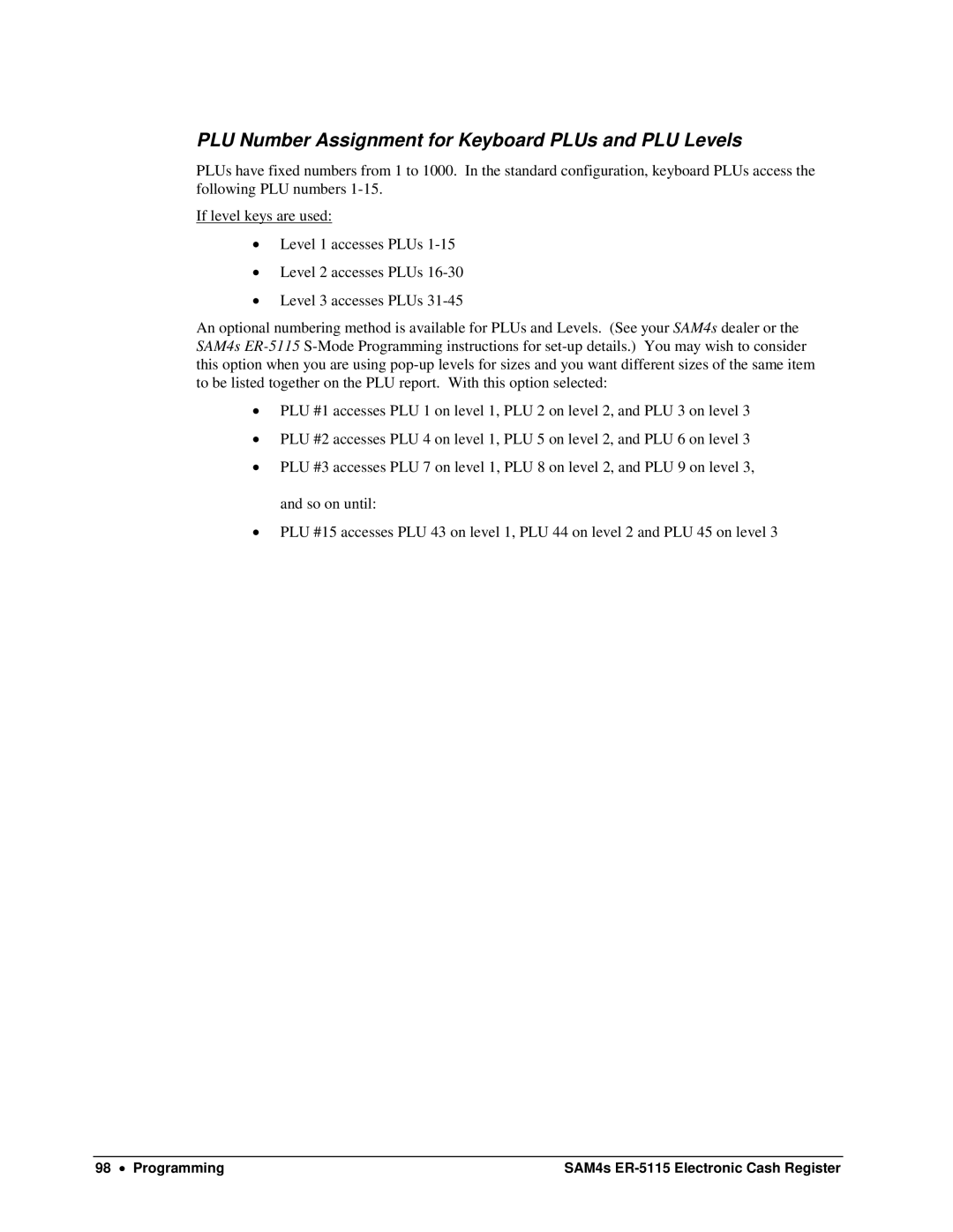 Sam4s SAM4s ER-5115 specifications PLU Number Assignment for Keyboard PLUs and PLU Levels 