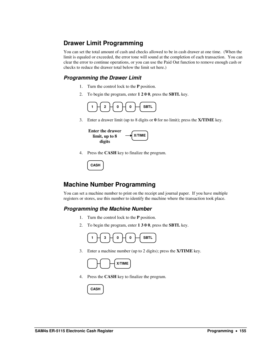 Sam4s SAM4s ER-5115 specifications Drawer Limit Programming, Machine Number Programming, Programming the Drawer Limit 