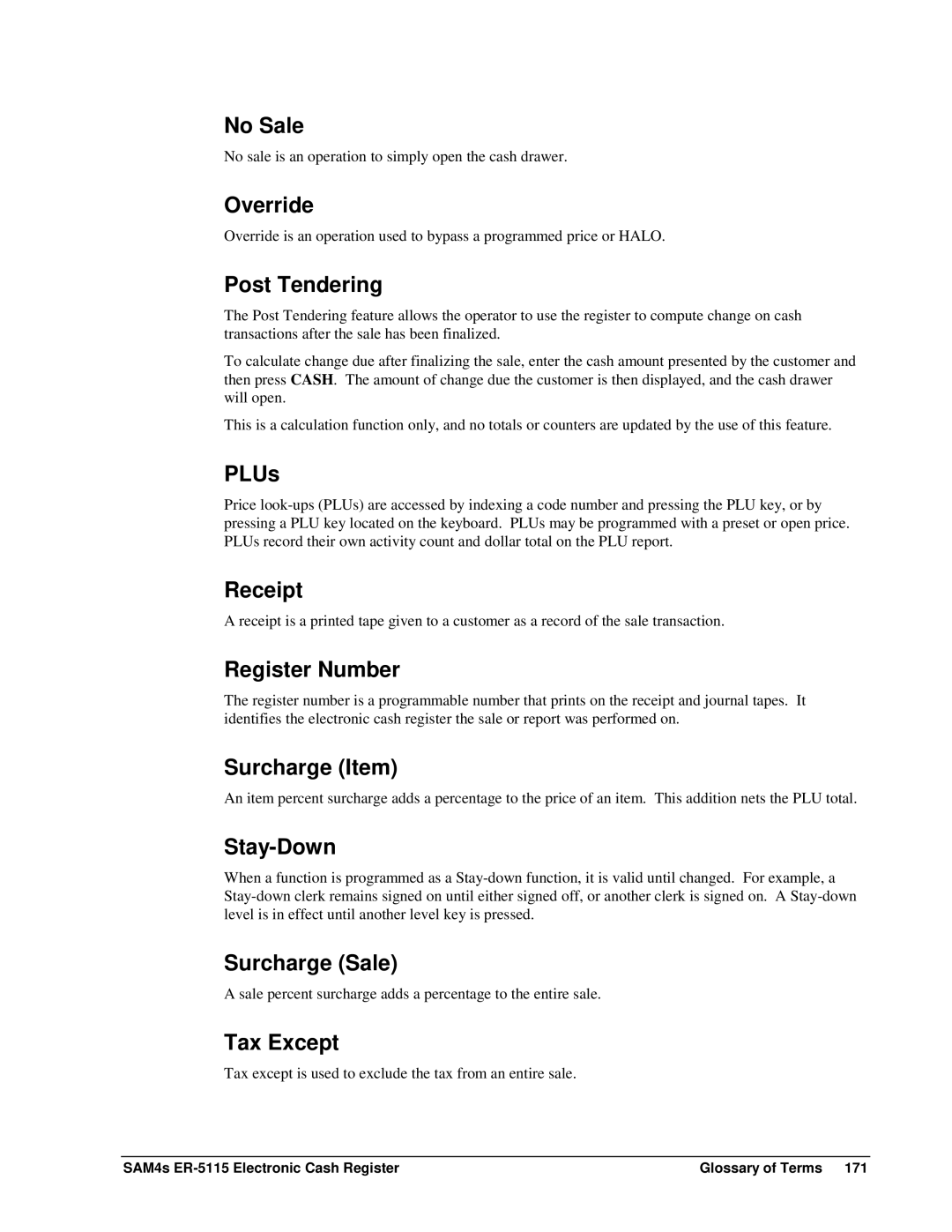Sam4s SAM4s ER-5115 No Sale, Override, PLUs, Receipt, Register Number, Surcharge Item, Stay-Down, Surcharge Sale 