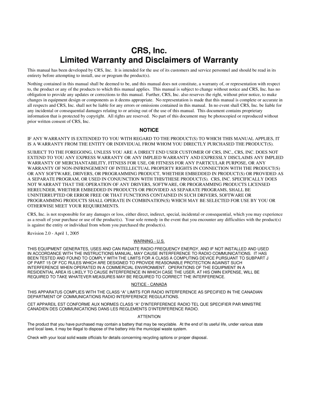 Sam4s SAM4s ER-5115 specifications CRS, Inc Limited Warranty and Disclaimers of Warranty 