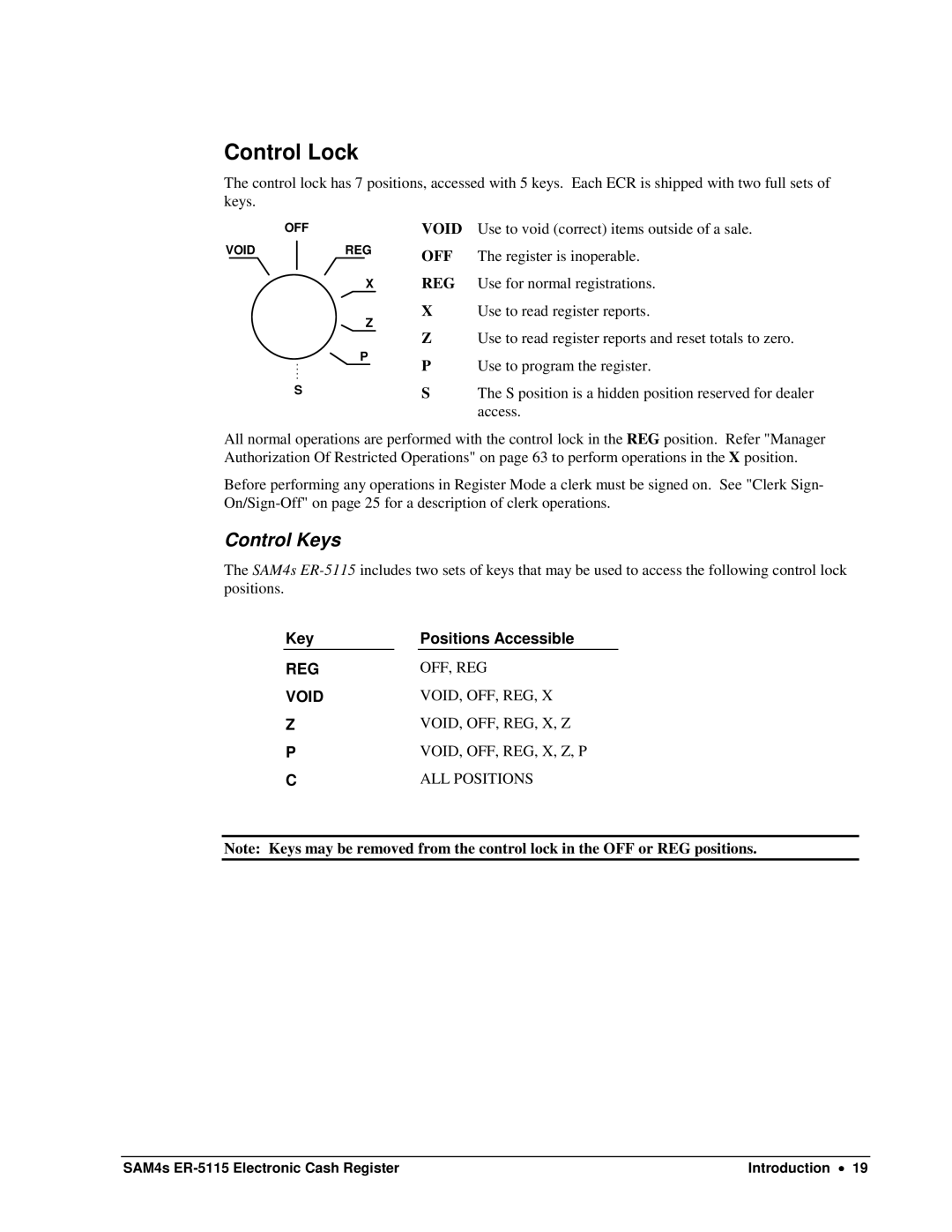 Sam4s SAM4s ER-5115 specifications Control Lock, Control Keys 