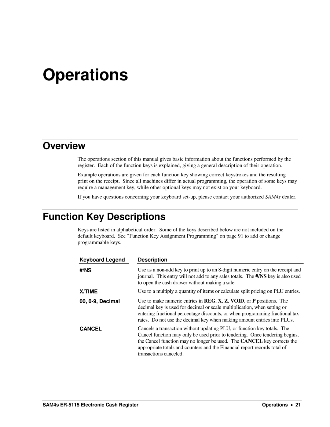 Sam4s SAM4s ER-5115 specifications Overview, Function Key Descriptions 