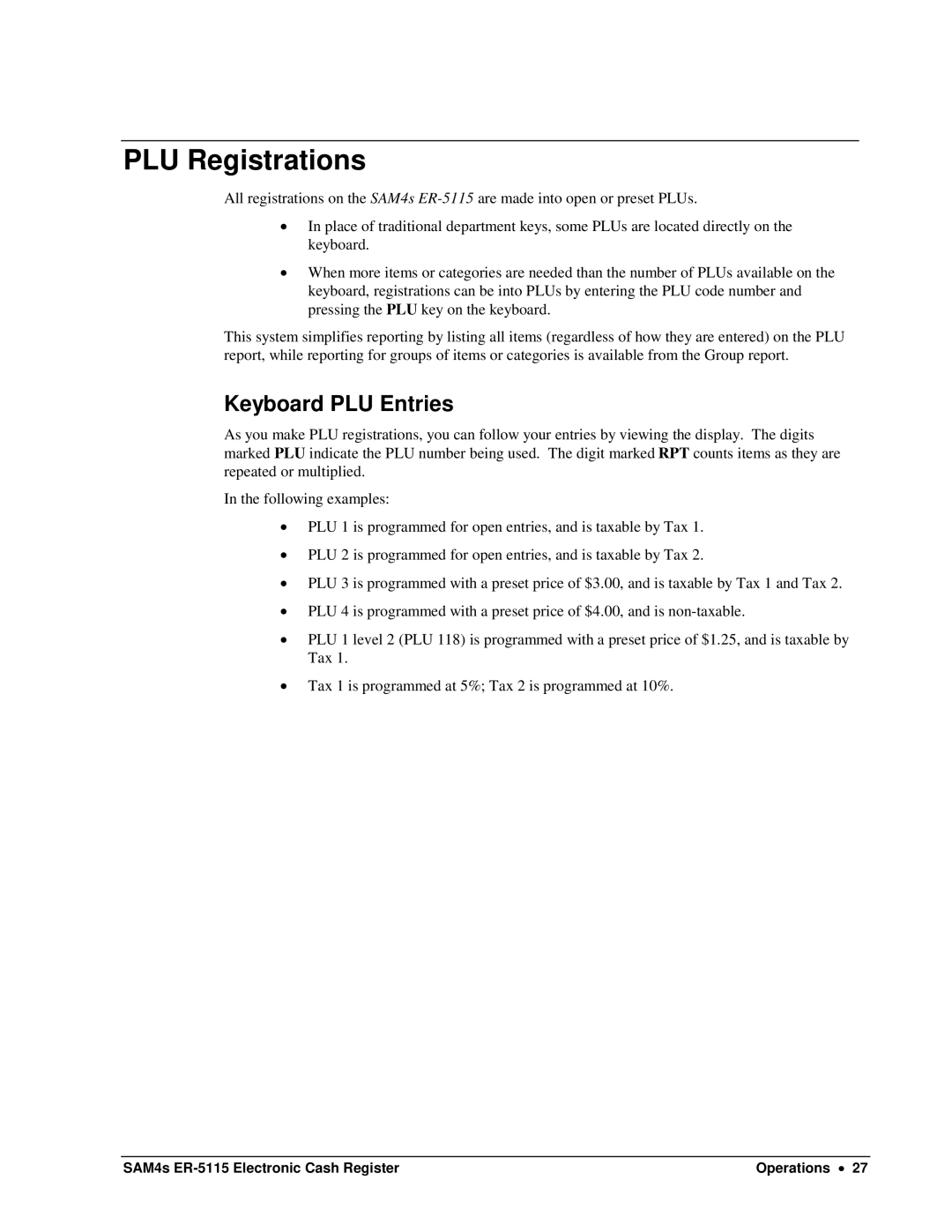 Sam4s SAM4s ER-5115 specifications PLU Registrations, Keyboard PLU Entries 