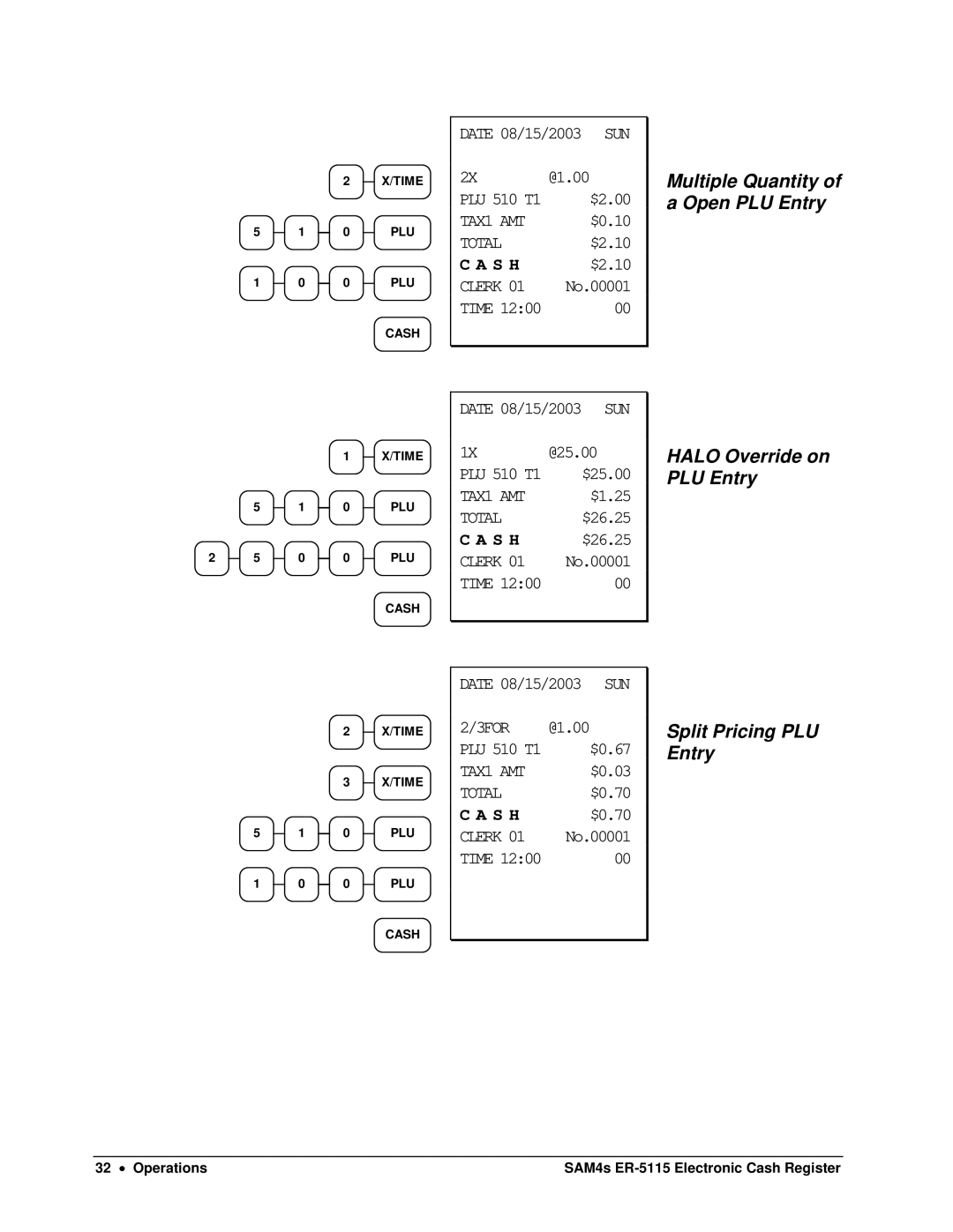 Sam4s SAM4s ER-5115 specifications Multiple Quantity of a Open PLU Entry, Halo Override on PLU Entry 