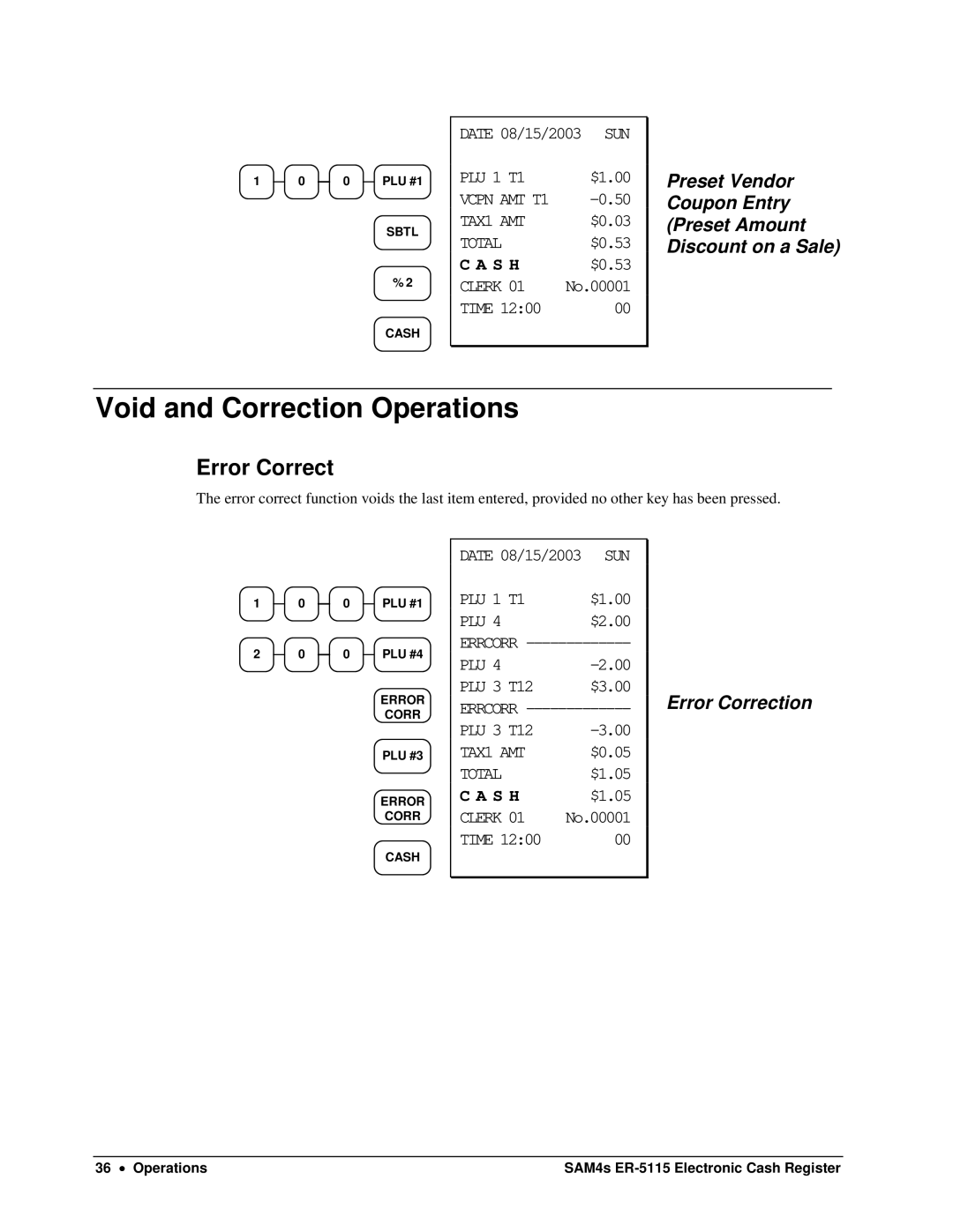 Sam4s ER-5115 Void and Correction Operations, Error Correct, Preset Vendor Coupon Entry Preset Amount Discount on a Sale 