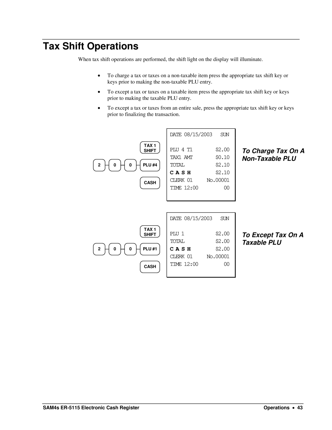 Sam4s SAM4s ER-5115 specifications Tax Shift Operations, To Charge Tax On a Non-Taxable PLU, To Except Tax On a Taxable PLU 