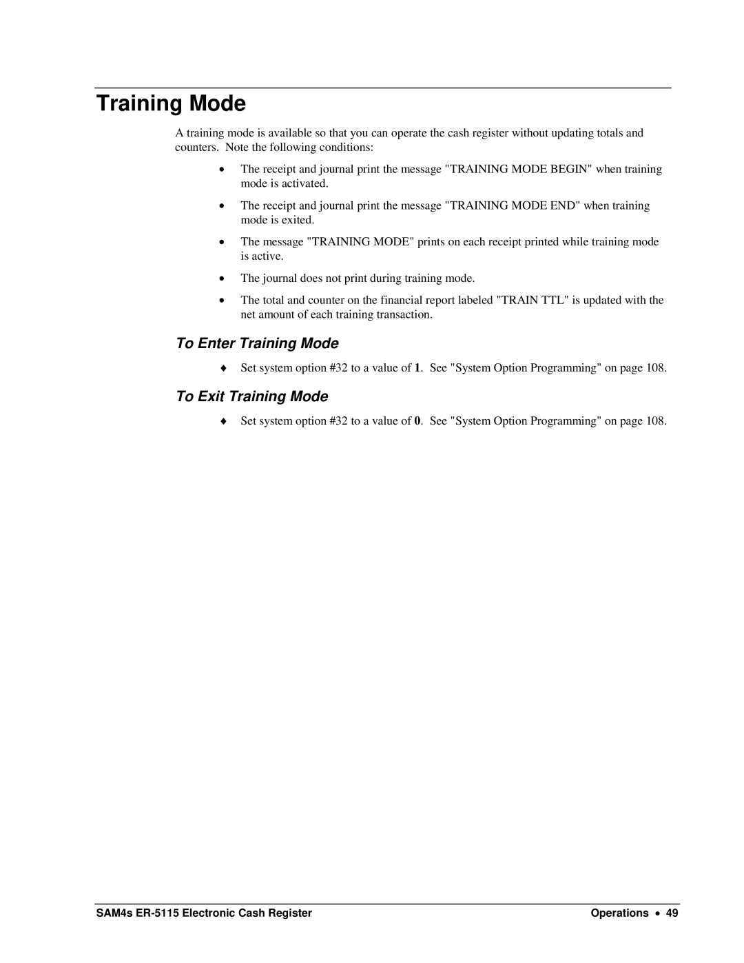 Sam4s SAM4s ER-5115 specifications To EnterTraining Mode, To ExitTraining Mode 