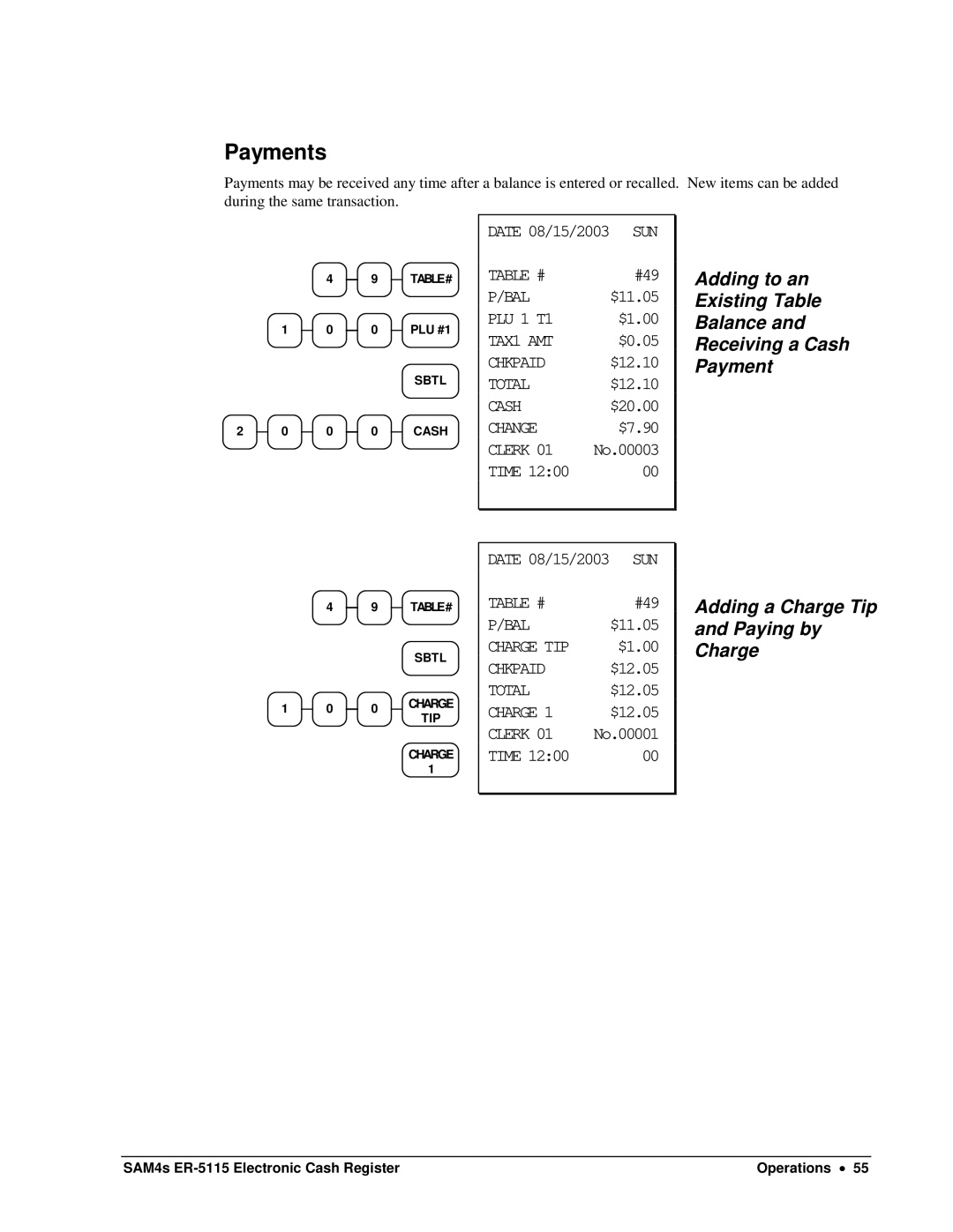 Sam4s SAM4s ER-5115 specifications Payments, Adding a Charge Tip and Paying by Charge 