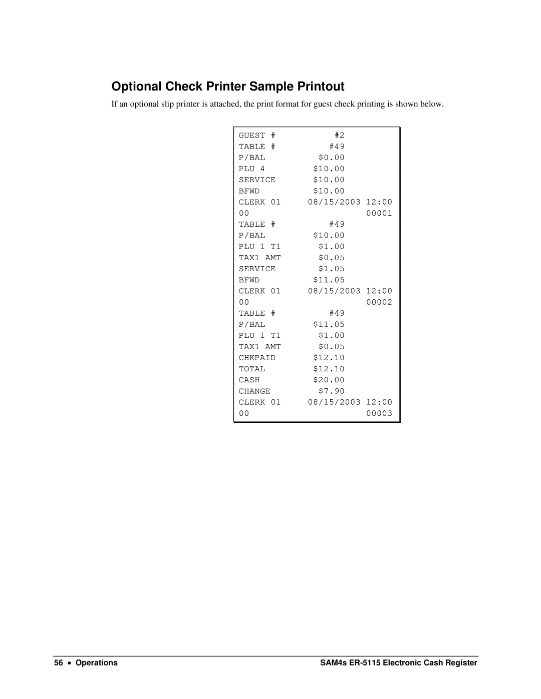 Sam4s SAM4s ER-5115 specifications Optional Check Printer Sample Printout 