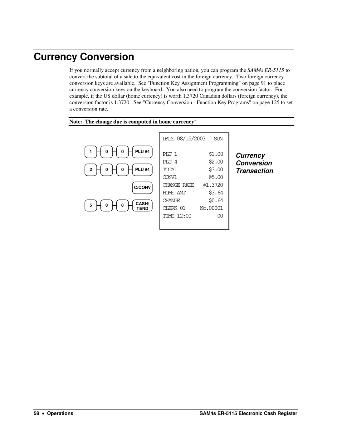 Sam4s SAM4s ER-5115 specifications Currency Conversion Transaction 