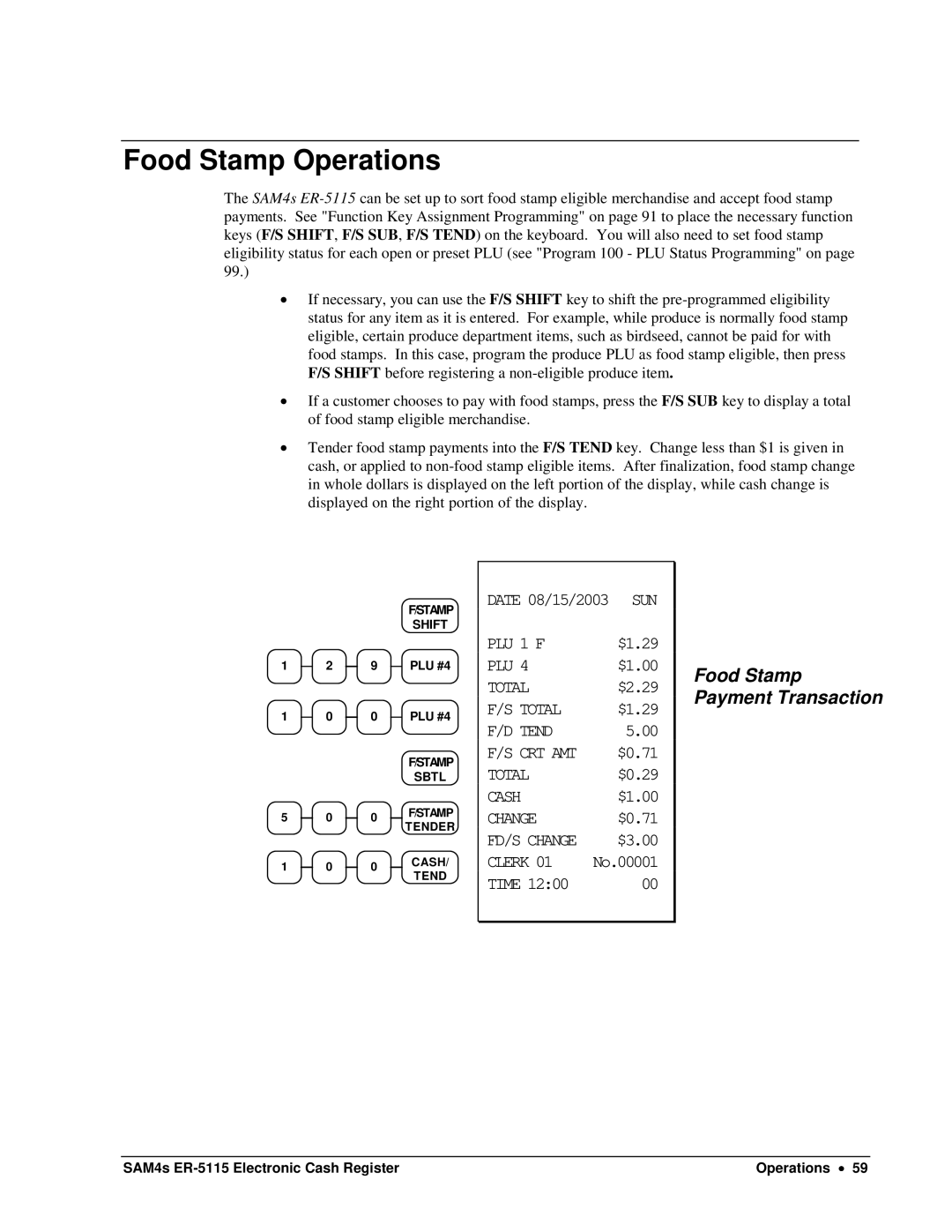 Sam4s SAM4s ER-5115 specifications Food Stamp Operations, Food Stamp Payment Transaction 