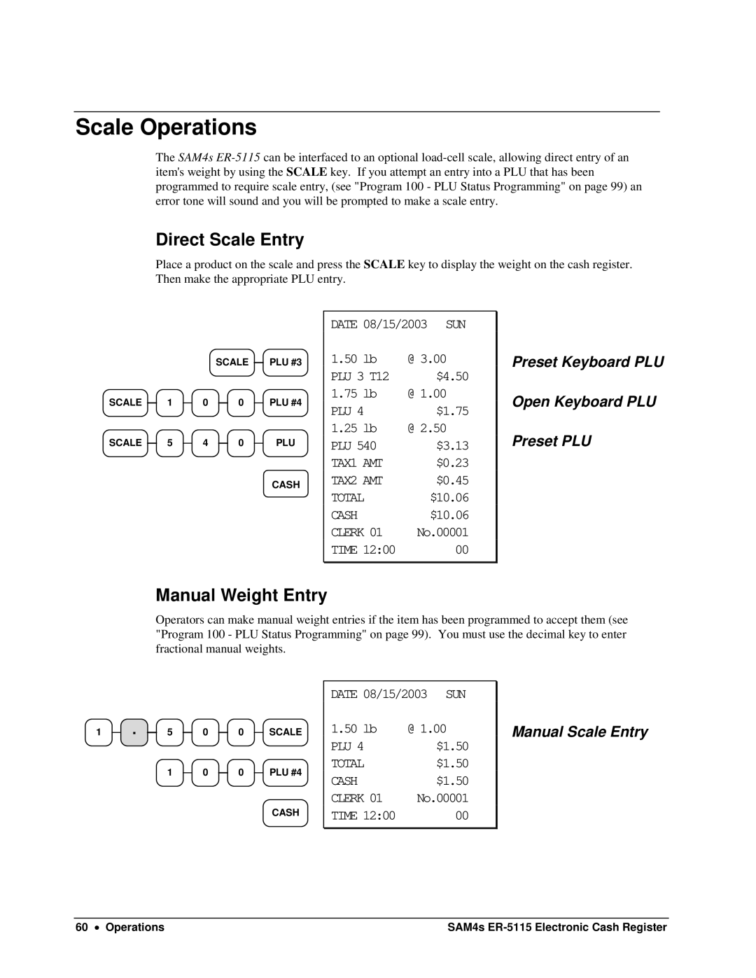 Sam4s ER-5115 Scale Operations, Direct Scale Entry, Manual Weight Entry, Preset Keyboard PLU Open Keyboard PLU Preset PLU 