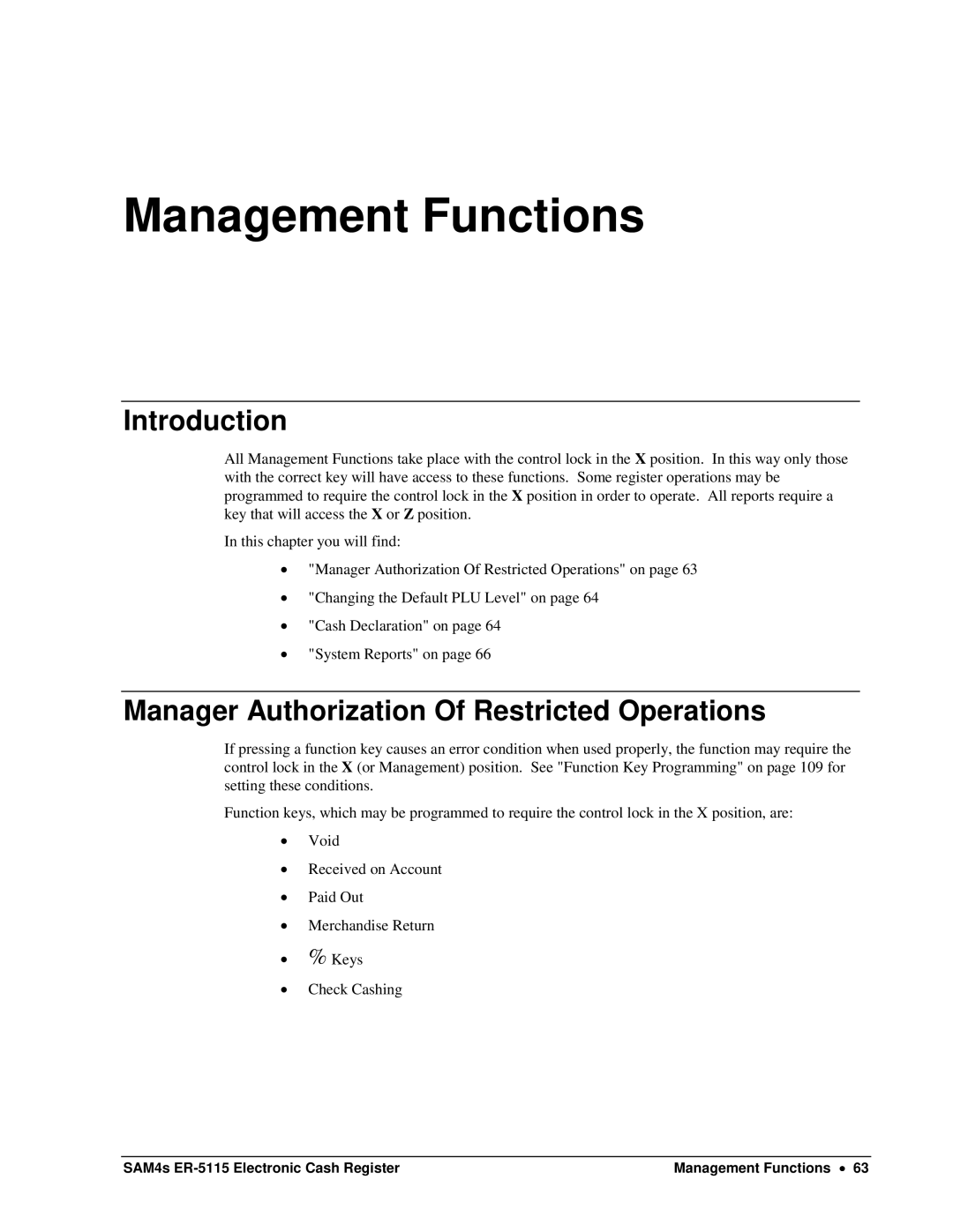 Sam4s SAM4s ER-5115 specifications Introduction, Manager Authorization Of Restricted Operations 