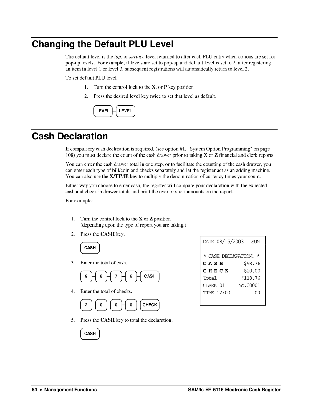 Sam4s SAM4s ER-5115 specifications Changing the Default PLU Level, Cash Declaration 