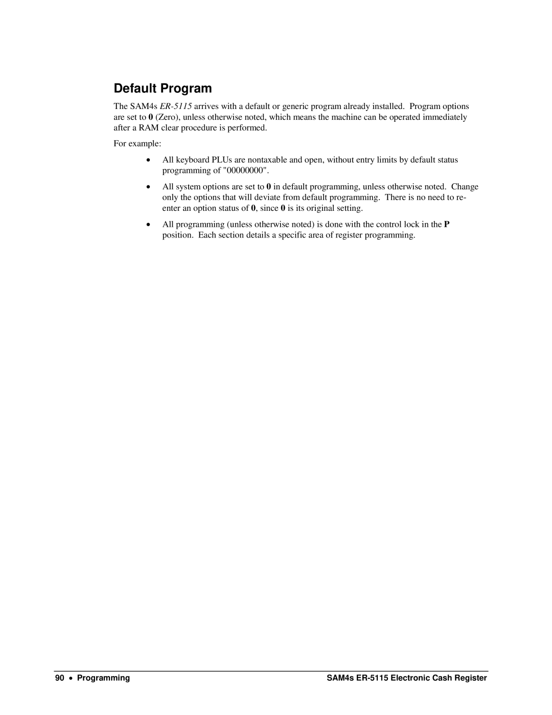 Sam4s SAM4s ER-5115 specifications Default Program 