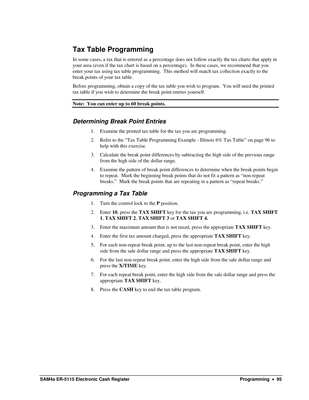 Sam4s SAM4s ER-5115 specifications Tax Table Programming, Determining Break Point Entries, Programming a Tax Table 