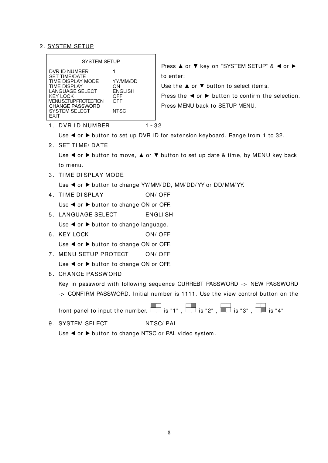 Sampo DR-S0426 System Setup, DVR ID Number, Set Time/Date, Time Display Mode, Time Display ON/OFF, Language Select English 