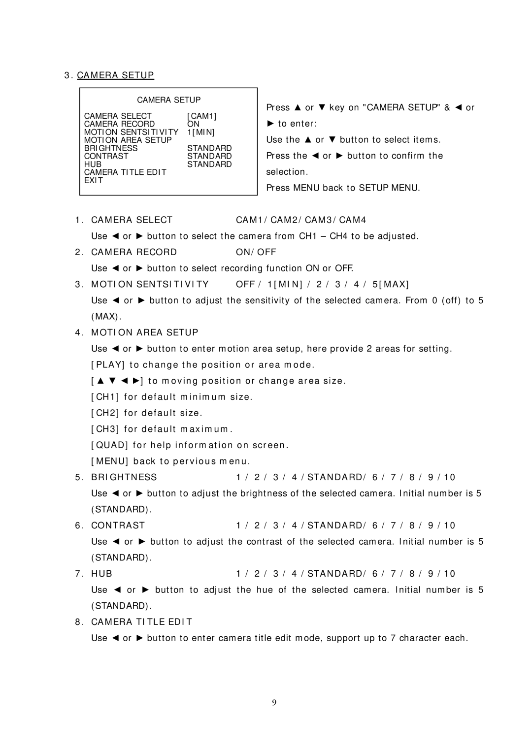 Sampo DR-S0426 Camera Setup, Camera Select CAM1/CAM2/CAM3/CAM4, Camera Record ON/OFF, Motion Sentsitivity, Brightness 