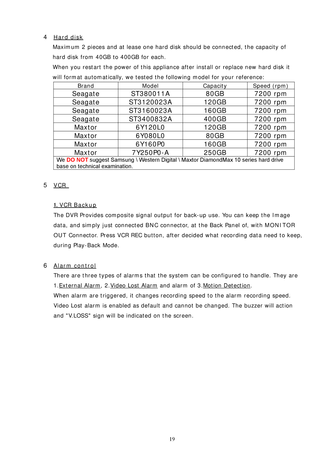 Sampo DR-S0426 manual Hard disk, Vcr, VCR Backup, Alarm control 