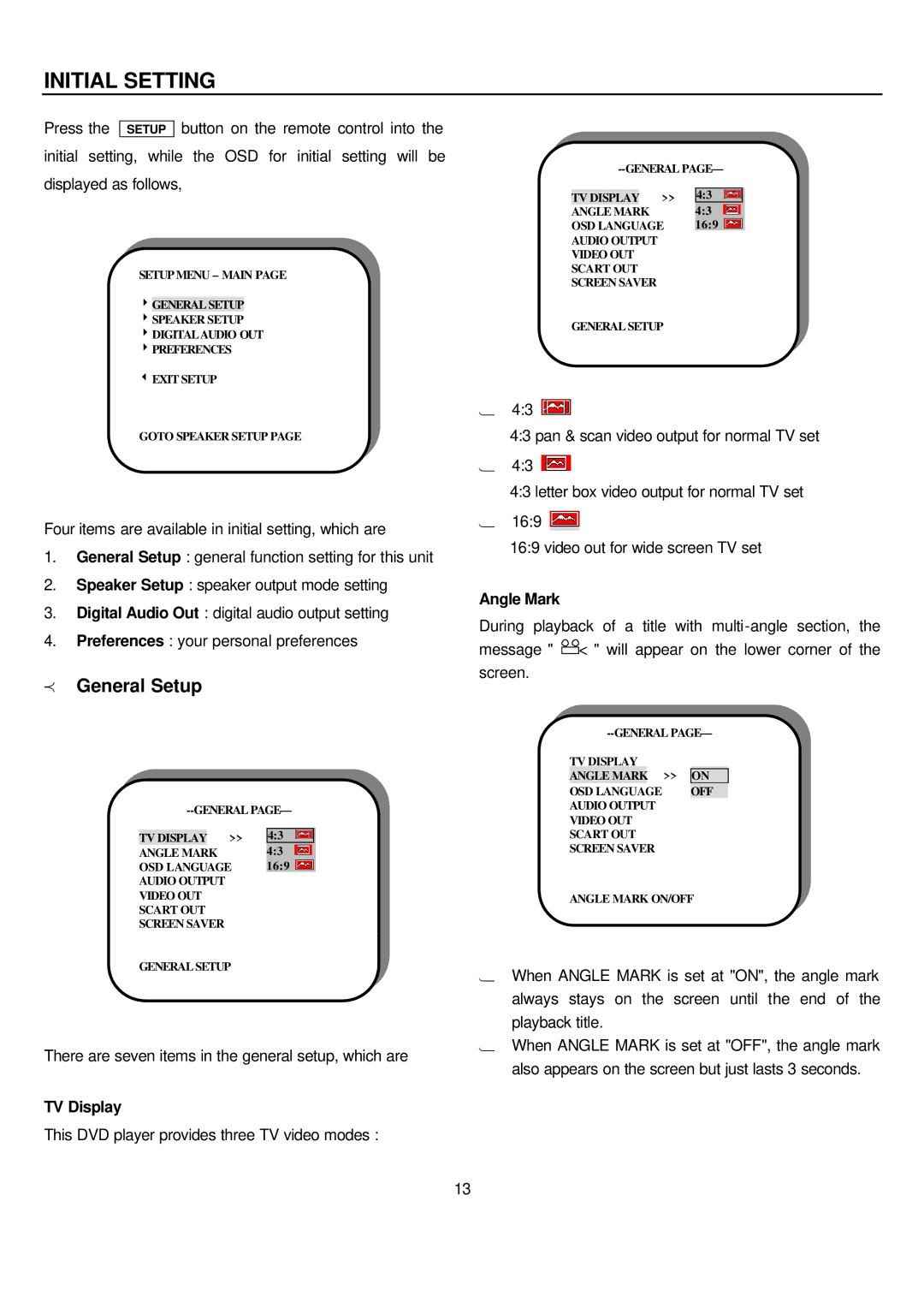 Sampo DVE-560 manual Initial Setting, General Setup, TV Display, Angle Mark 