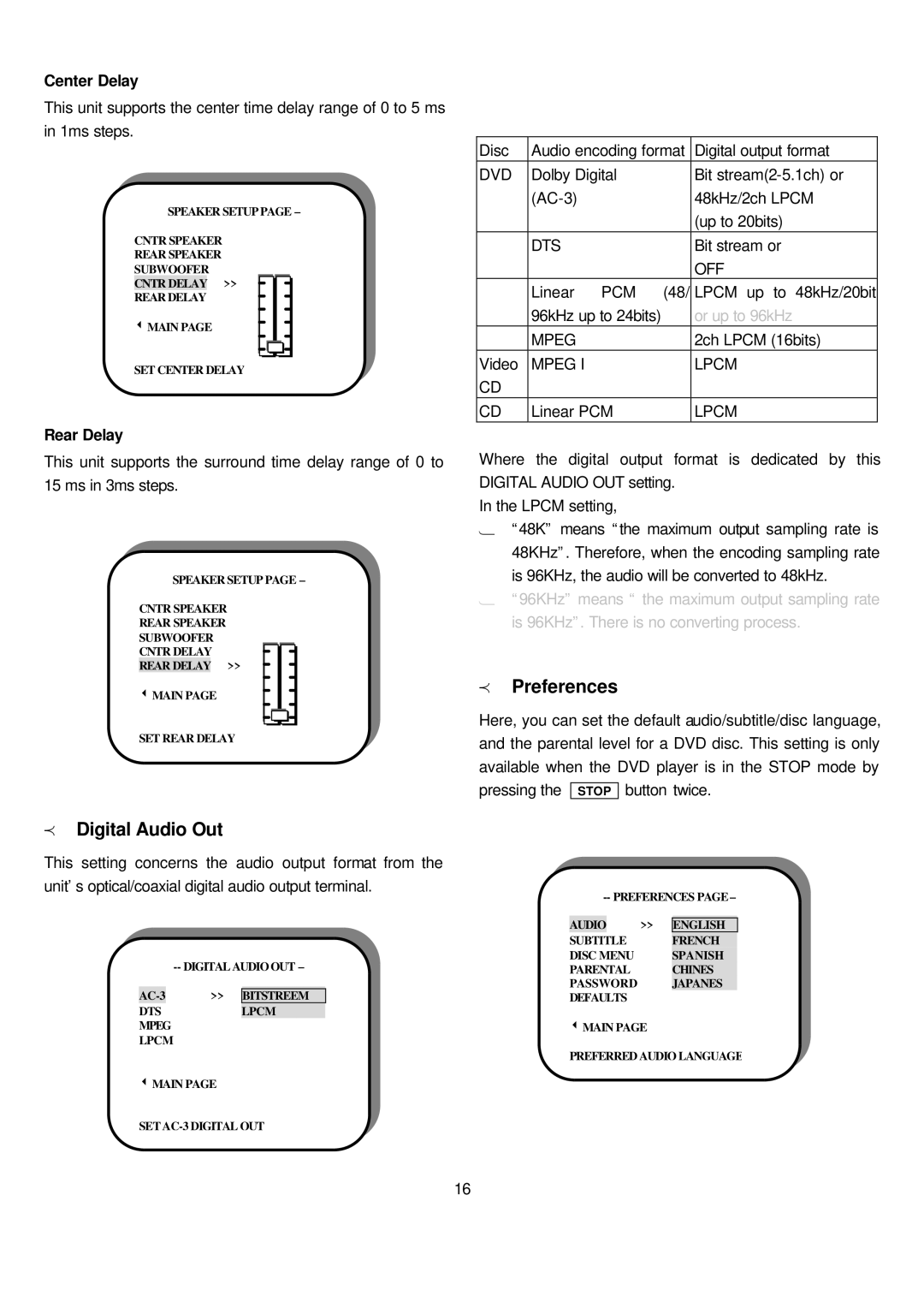 Sampo DVE-560 manual Preferences, Digital Audio Out, Center Delay, Rear Delay 