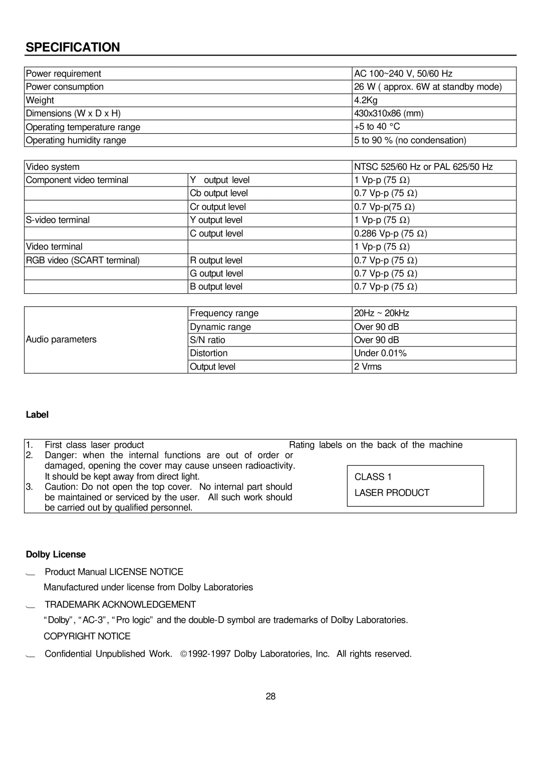 Sampo DVE-560 manual Specification, Label, Dolby License 