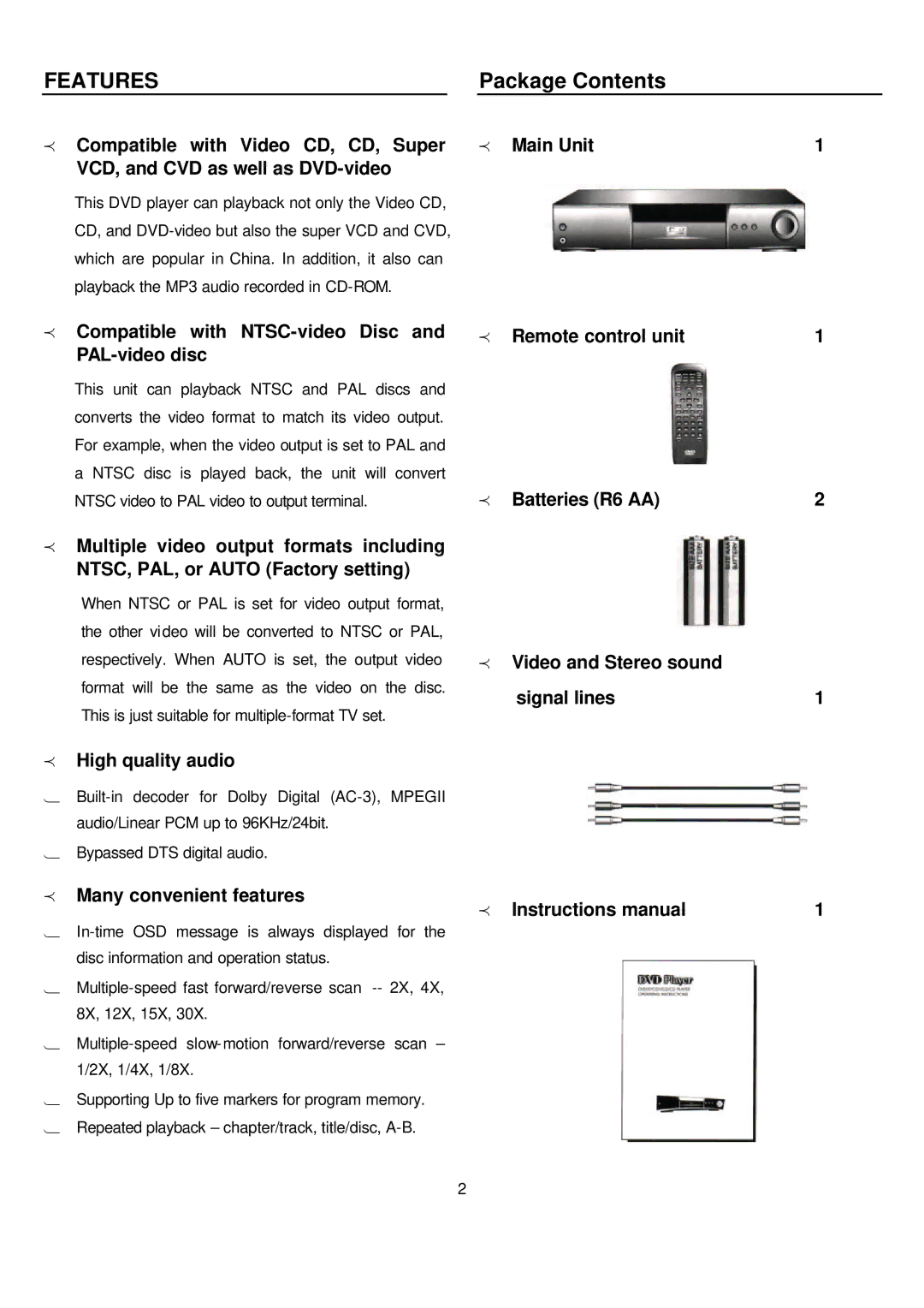 Sampo DVE-560 manual Features, Package Contents 