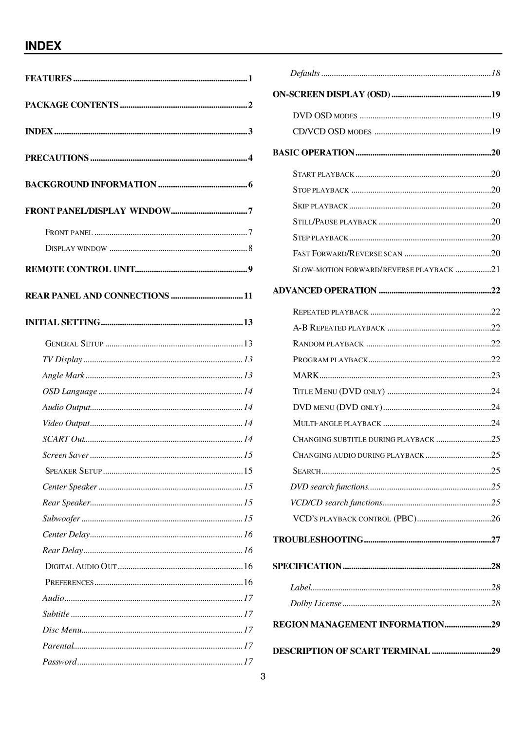 Sampo DVE-560 manual Index, Basic Operation 