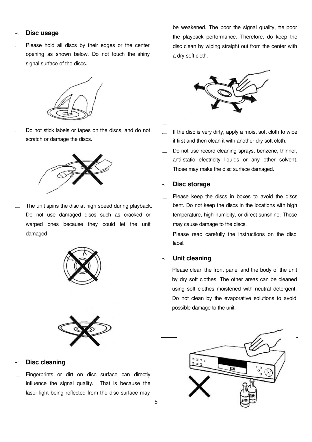 Sampo DVE-560 manual Disc usage, Disc cleaning, Disc storage, Unit cleaning 