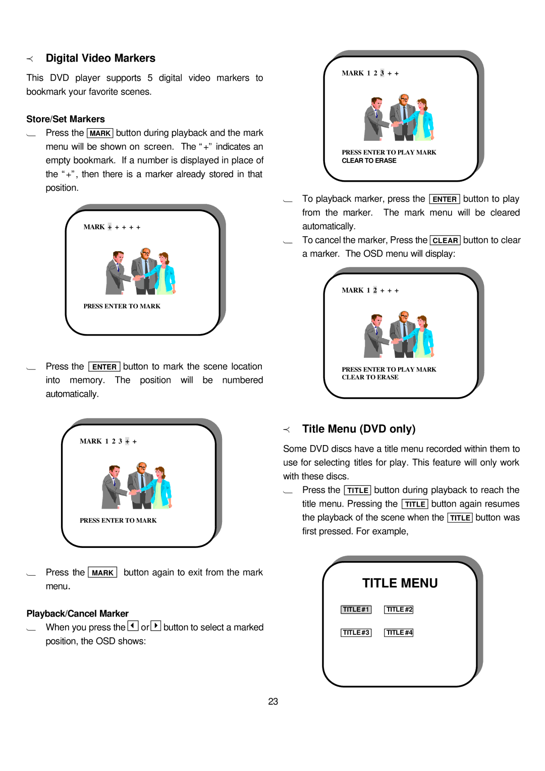 Sampo DVE-6xx manual Title Menu DVD only, Store/Set Markers, Playback/Cancel Marker 