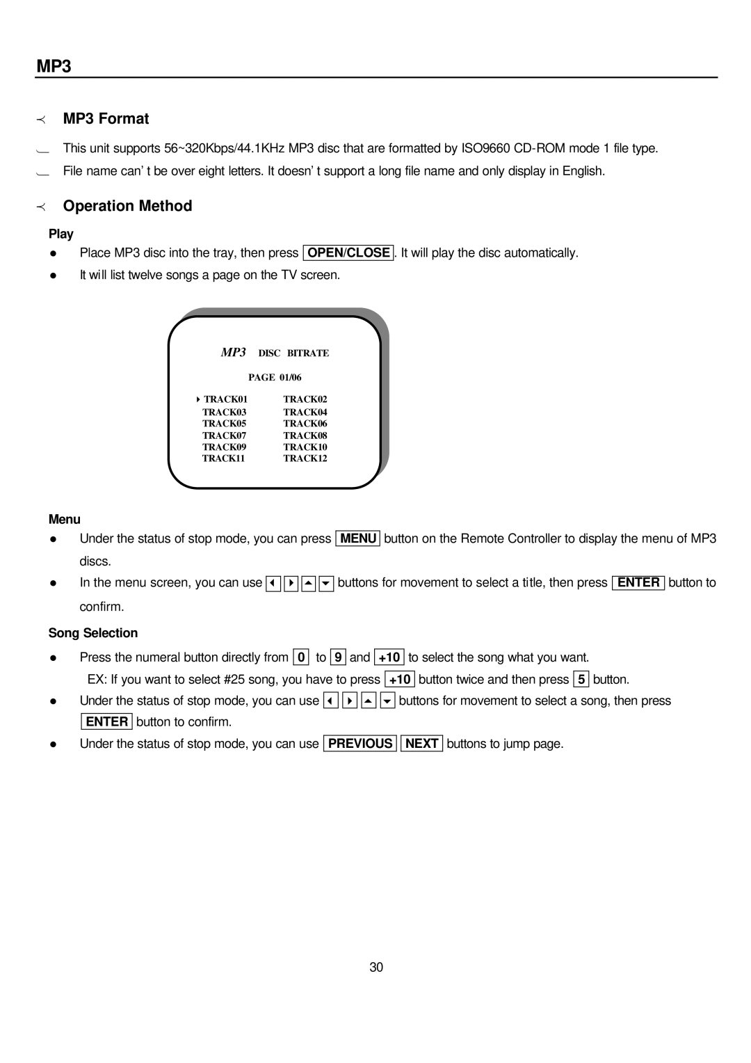 Sampo DVE-6xx manual MP3 Format, Operation Method 